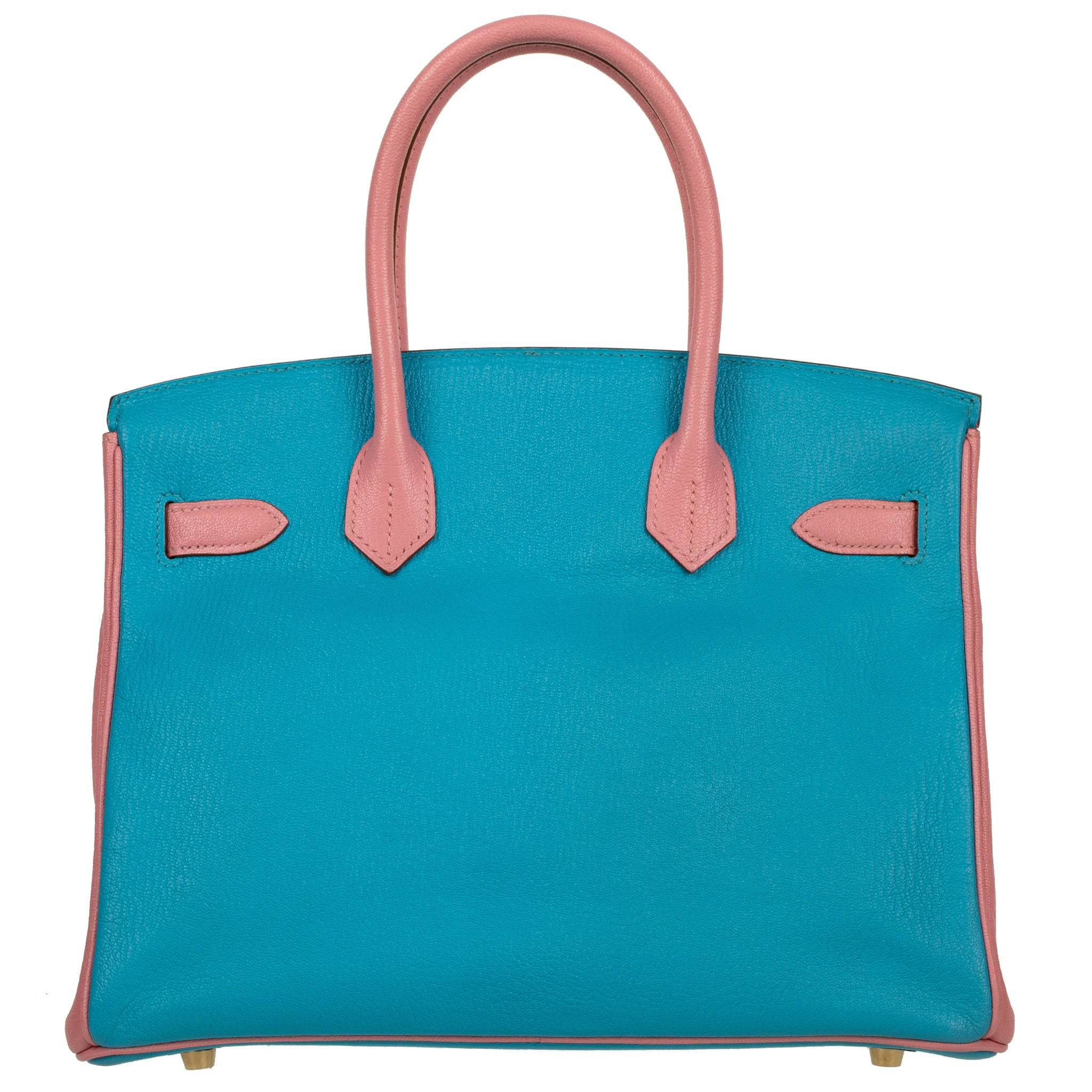 HERMES BIRKIN 30CM SPECIAL ORDER BLUE AZTEC & ROSE CONFETTI CHEVRE LEATHER BRUSHED GOLD HARDWARE - On Repeat
