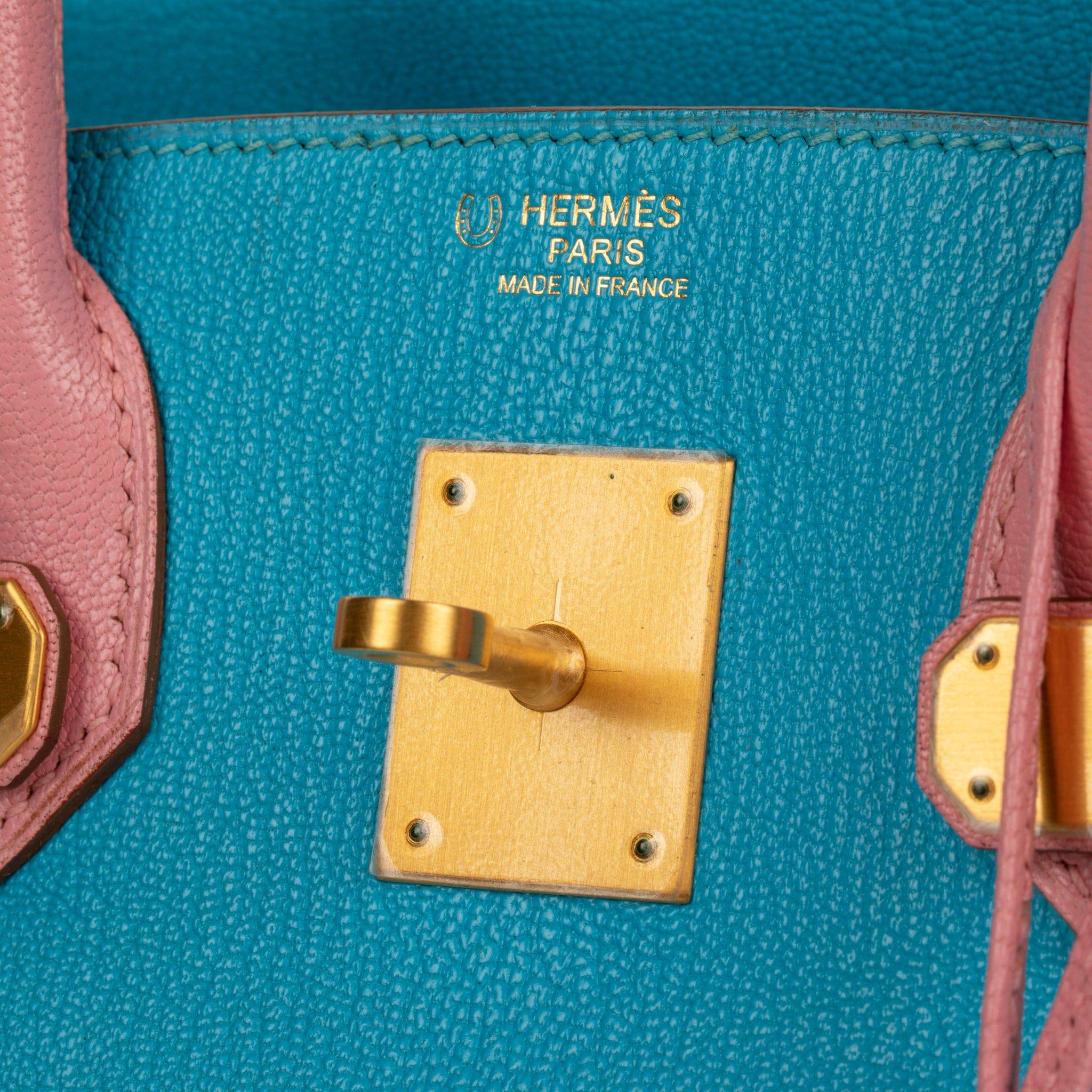 HERMES BIRKIN 30CM SPECIAL ORDER BLUE AZTEC & ROSE CONFETTI CHEVRE LEATHER BRUSHED GOLD HARDWARE - On Repeat