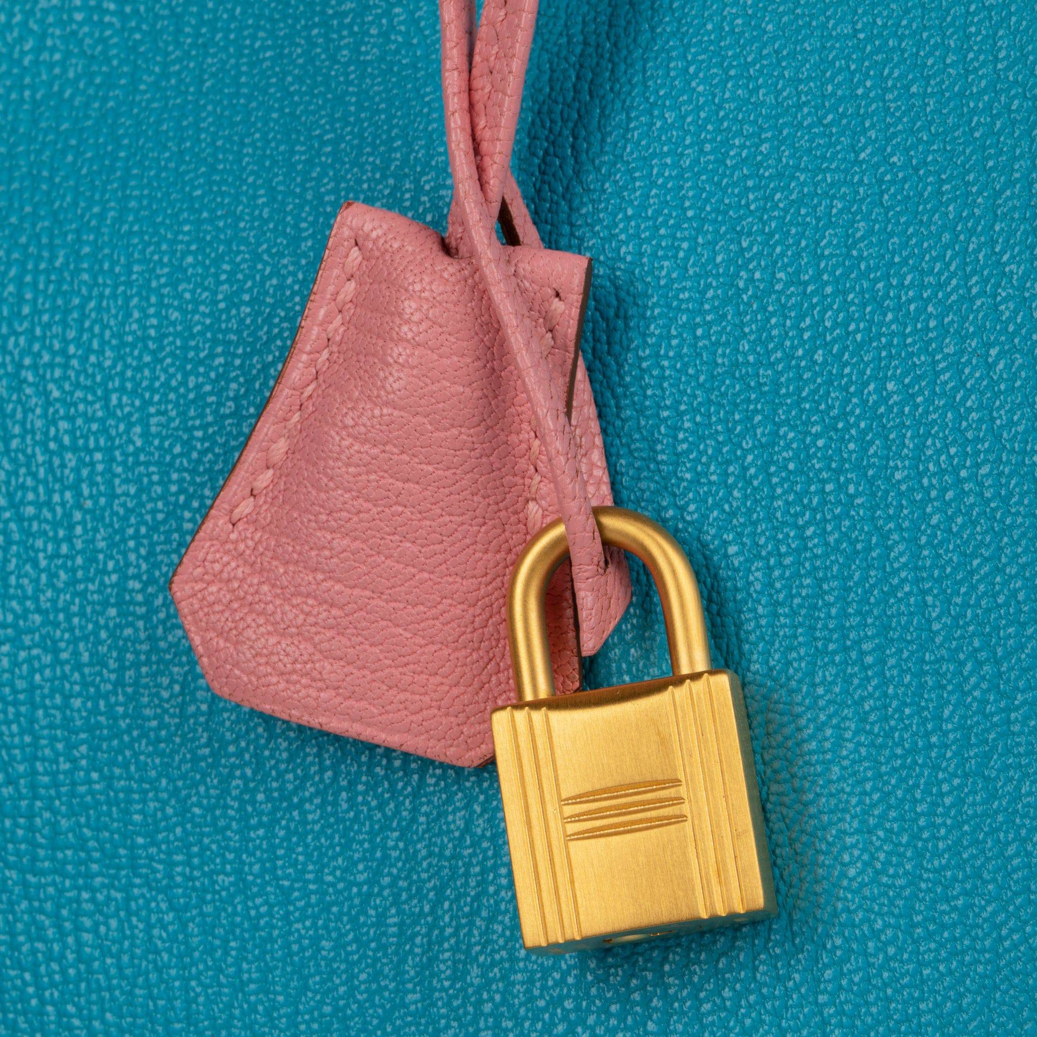 HERMES BIRKIN 30CM SPECIAL ORDER BLUE AZTEC & ROSE CONFETTI CHEVRE LEATHER BRUSHED GOLD HARDWARE - On Repeat