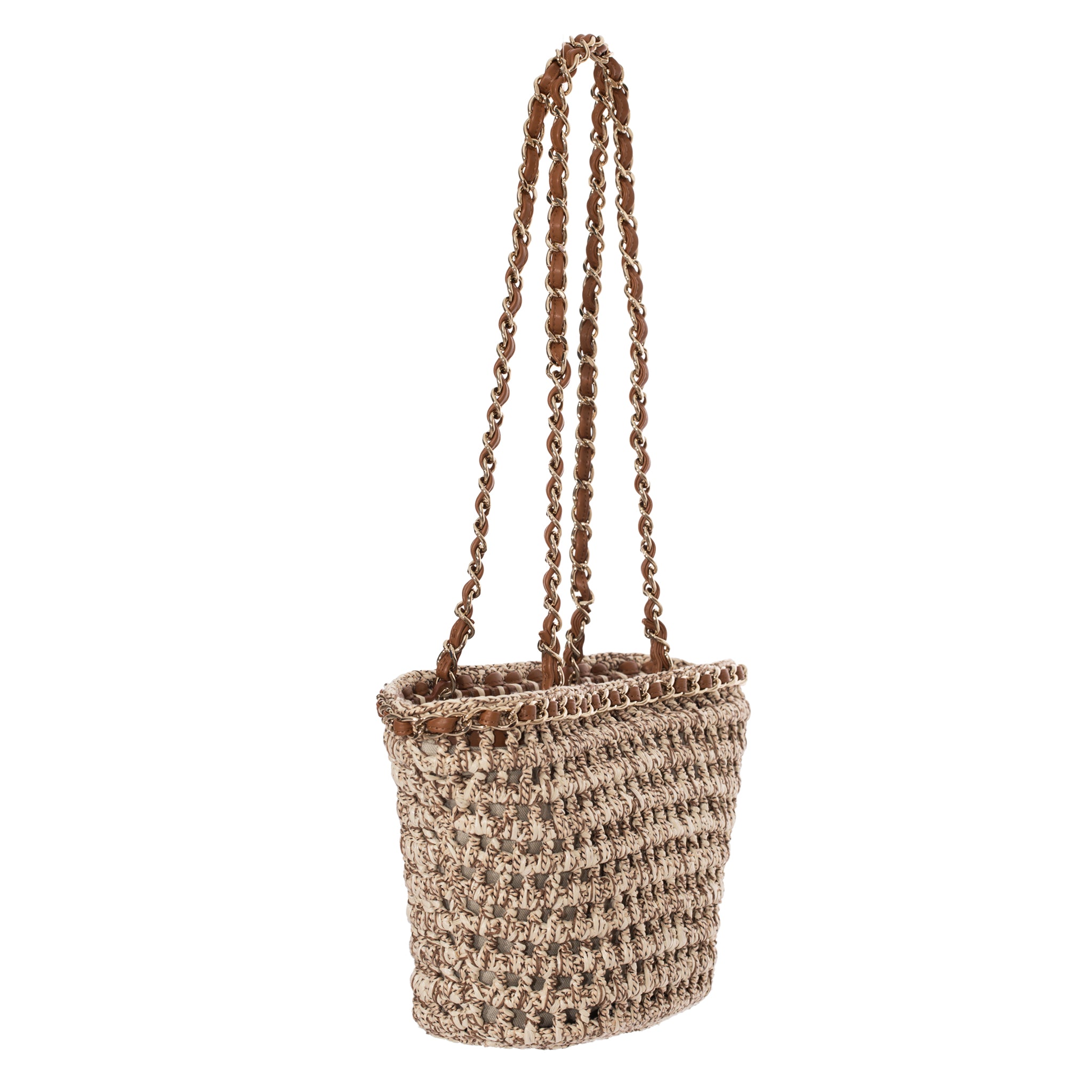 Chanel Small Crochet Shopping Tote Beige & Tan Gold Tone Hardware