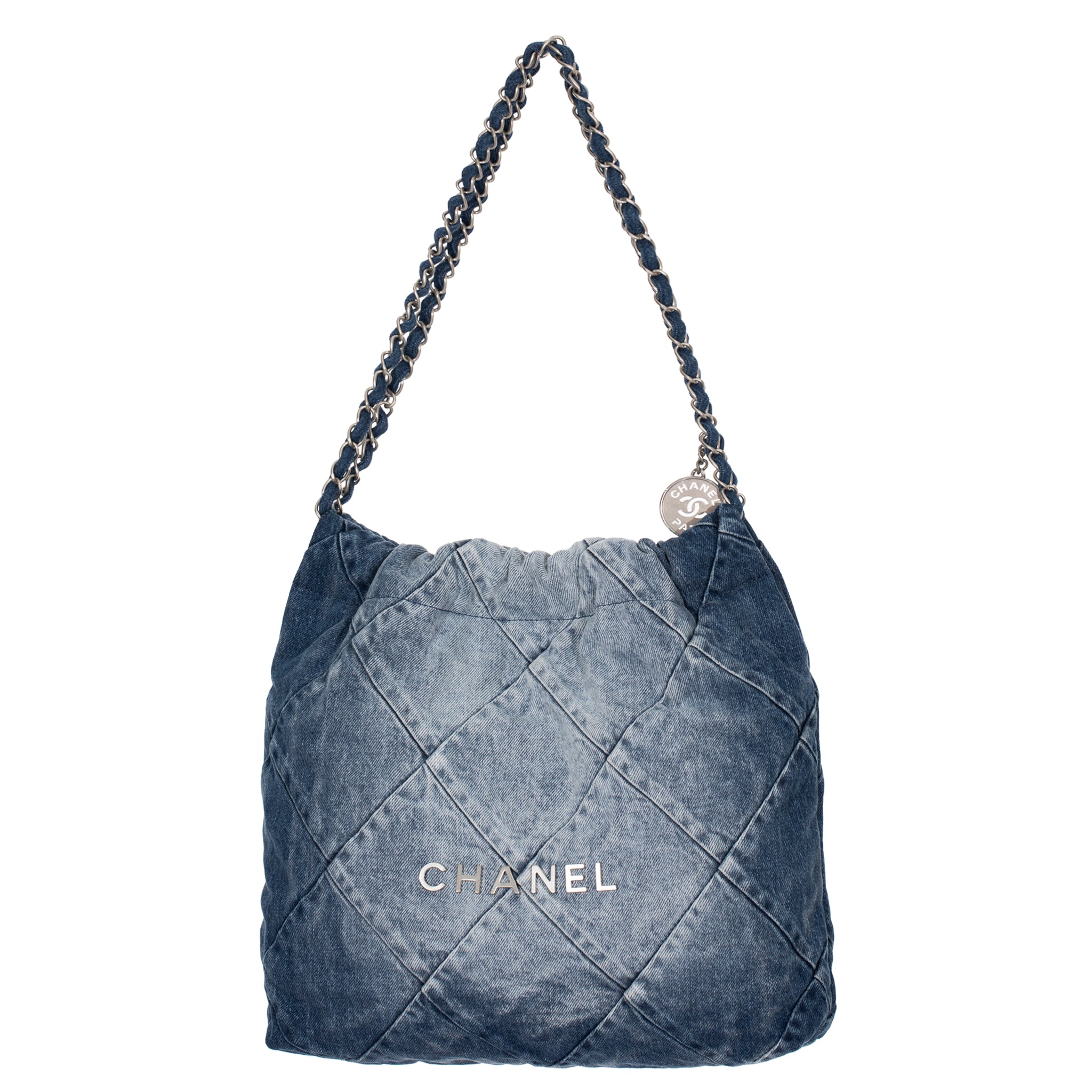 Chanel 22 Handbag Washed Denim Silver Tone Hardware
