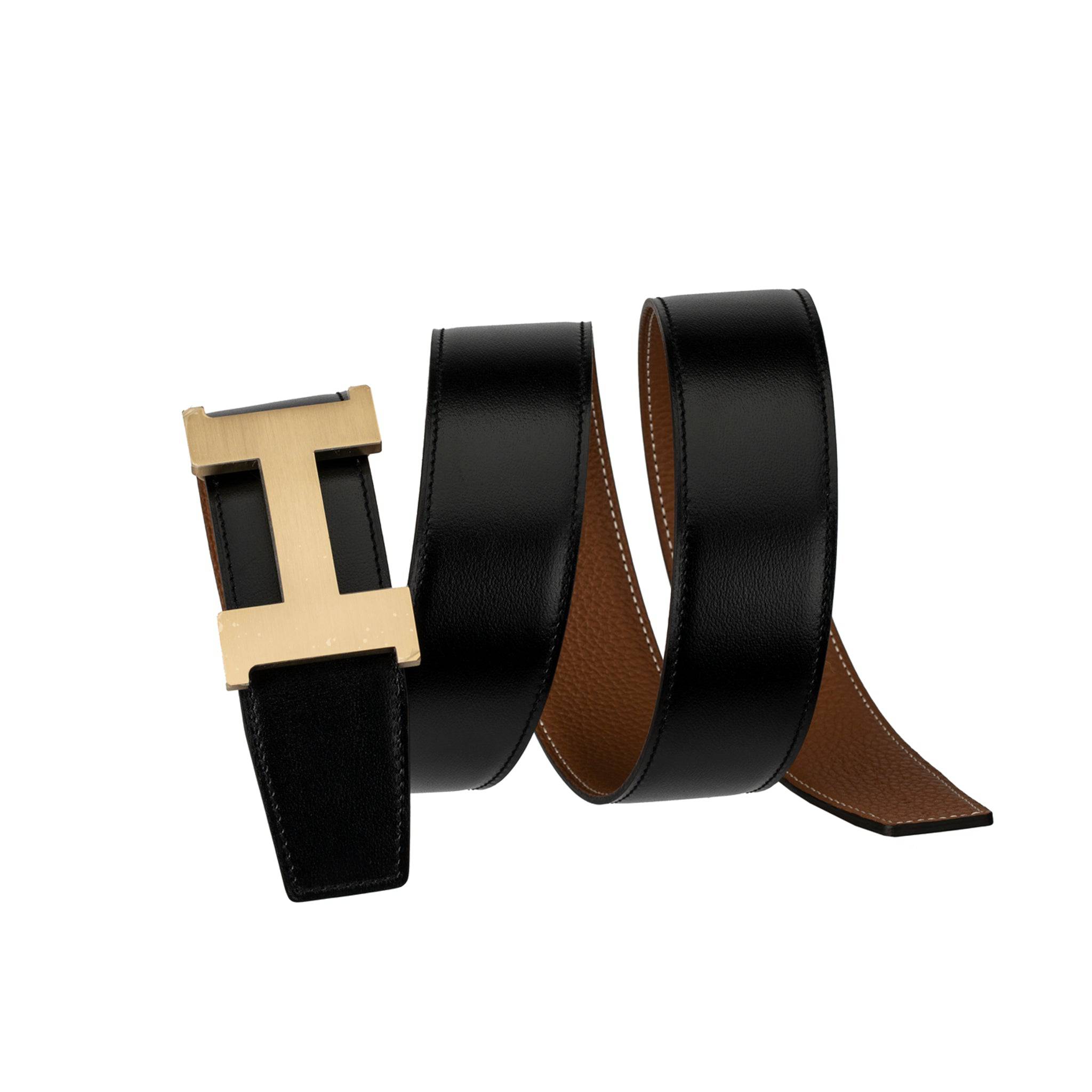 HERMES REVERSIBLE BELT BLACK AND GOLD BRUSHED PERMABRASS BUCKLE 90CM - On Repeat