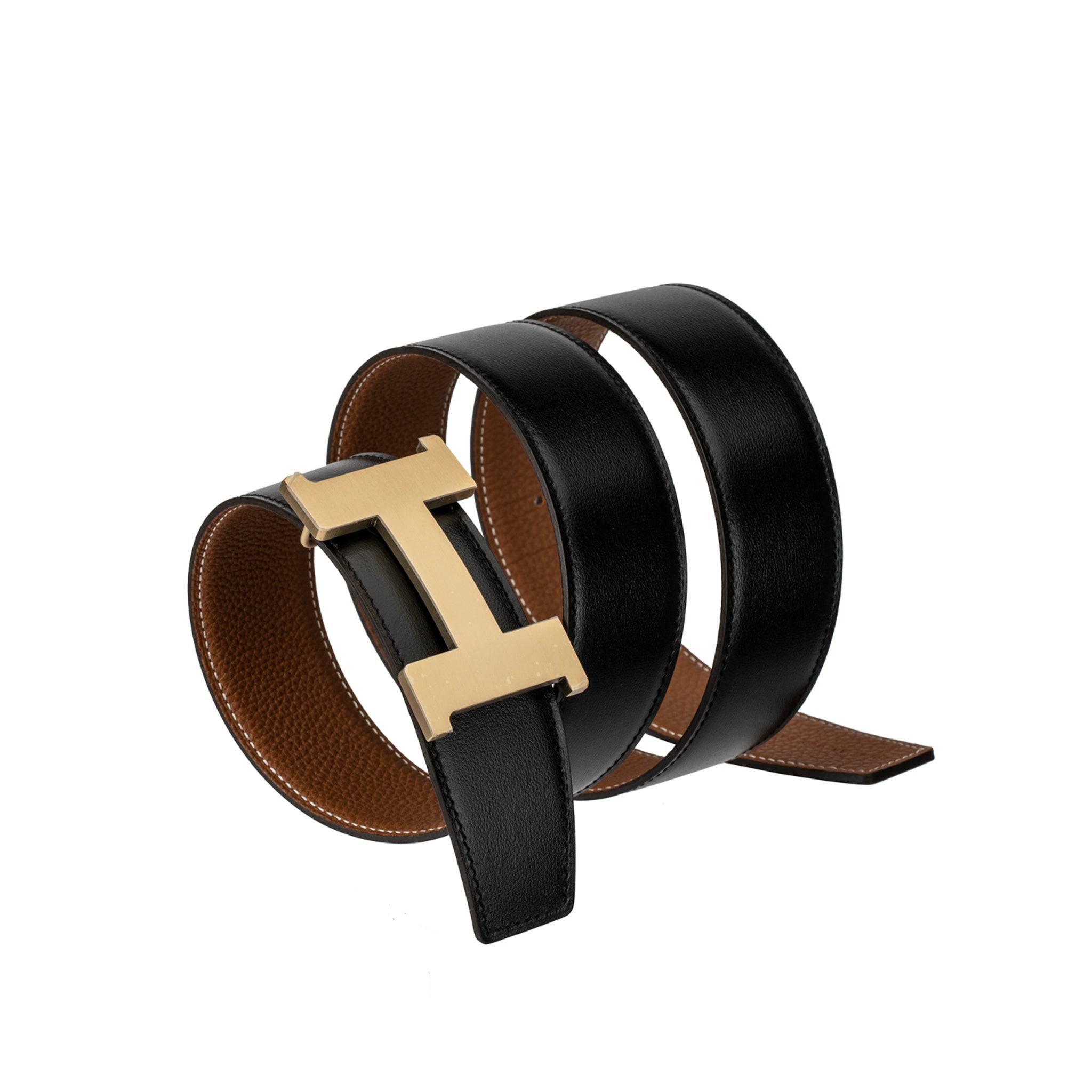 HERMES REVERSIBLE BELT BLACK AND GOLD BRUSHED PERMABRASS BUCKLE 90CM - On Repeat