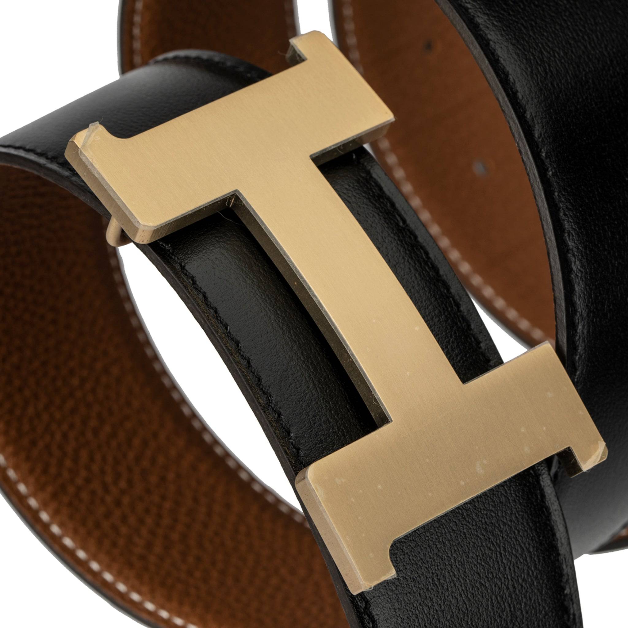 HERMES REVERSIBLE BELT BLACK AND GOLD BRUSHED PERMABRASS BUCKLE 90CM - On Repeat