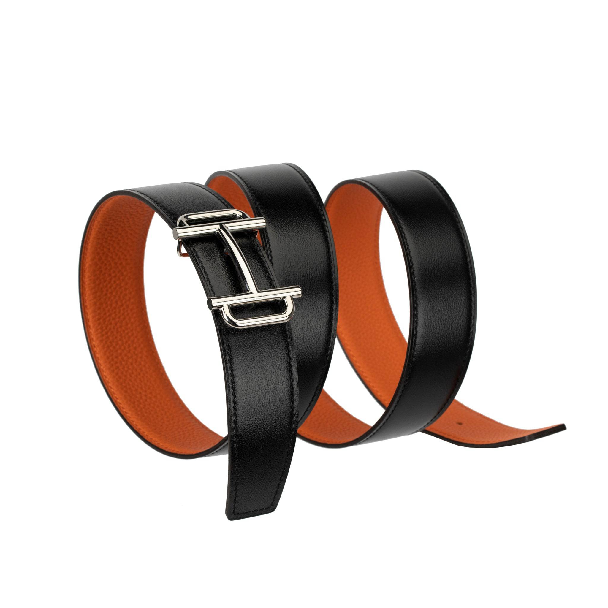 HERMES REVERSIBLE BELT BLACK AND ORANGE PALLADIUM BUCKLE 100CM - On Repeat