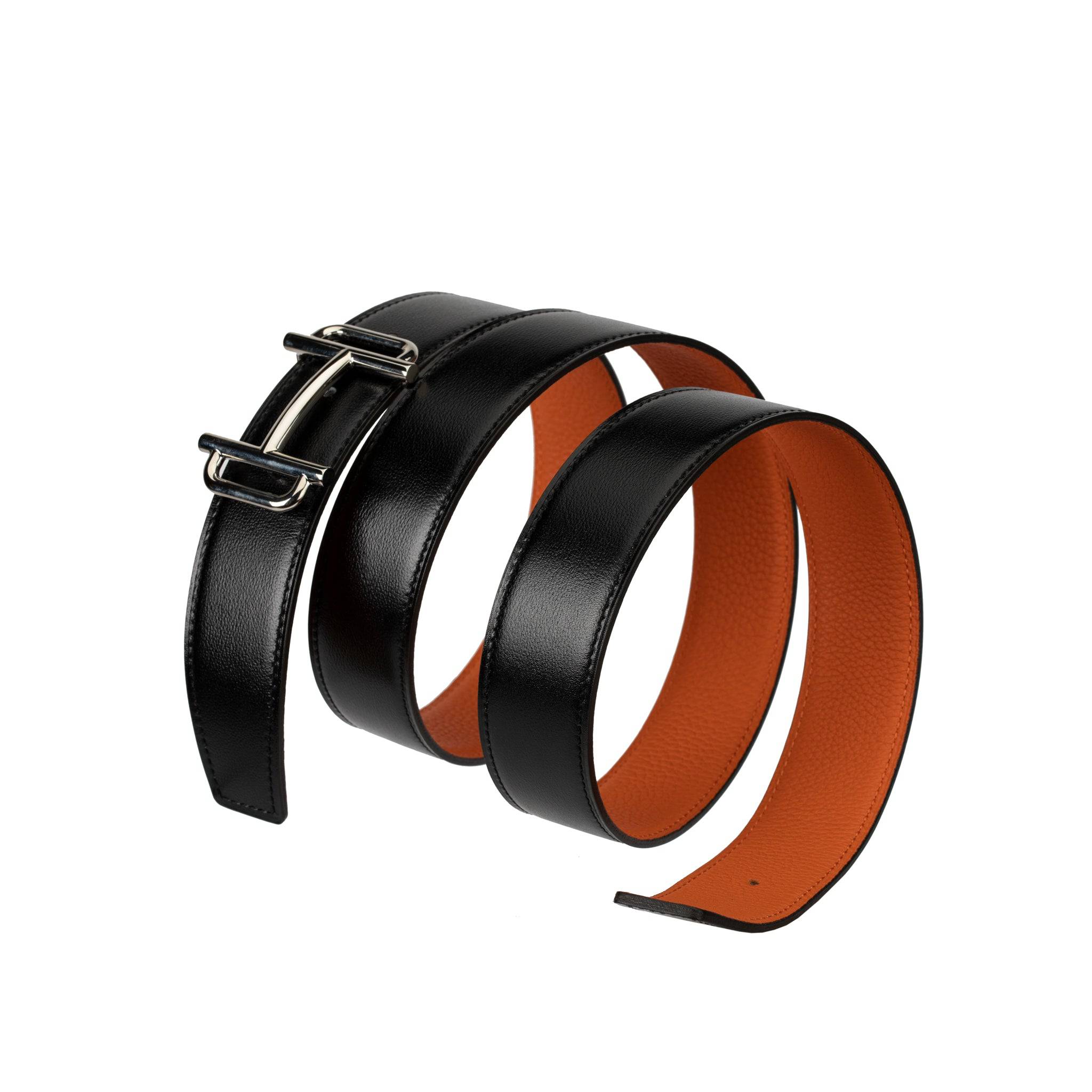 HERMES REVERSIBLE BELT BLACK AND ORANGE PALLADIUM BUCKLE 100CM - On Repeat