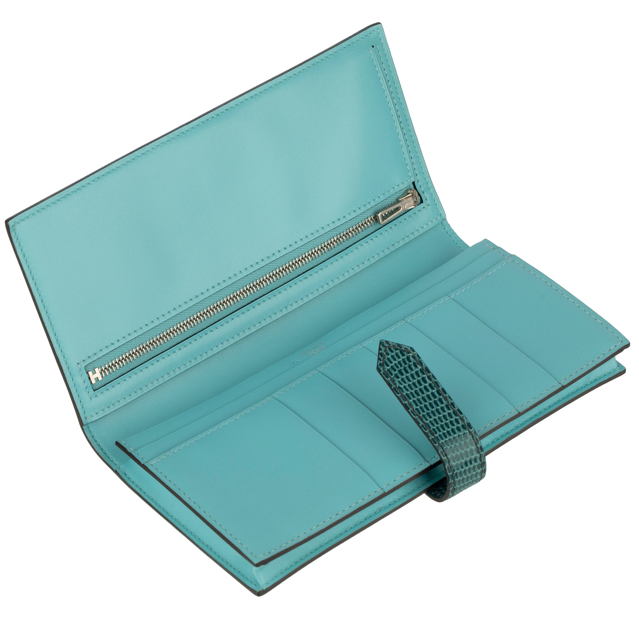 Hermes Bearn Wallet Long Blue Atoll & Blue Petrole Tadelakt Leather Palladium Hardware