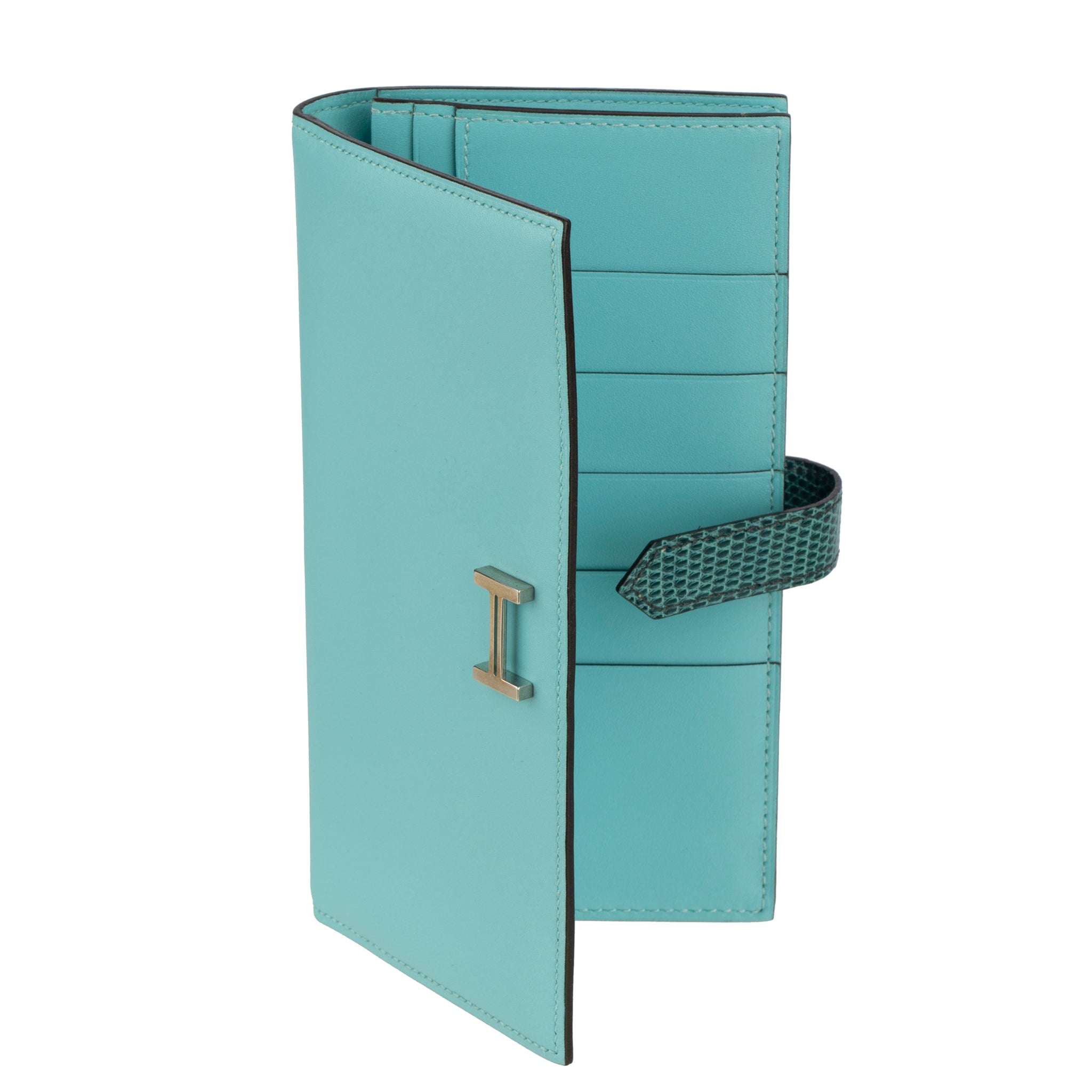 Hermes Bearn Wallet Long Blue Atoll & Blue Petrole Tadelakt Leather Palladium Hardware