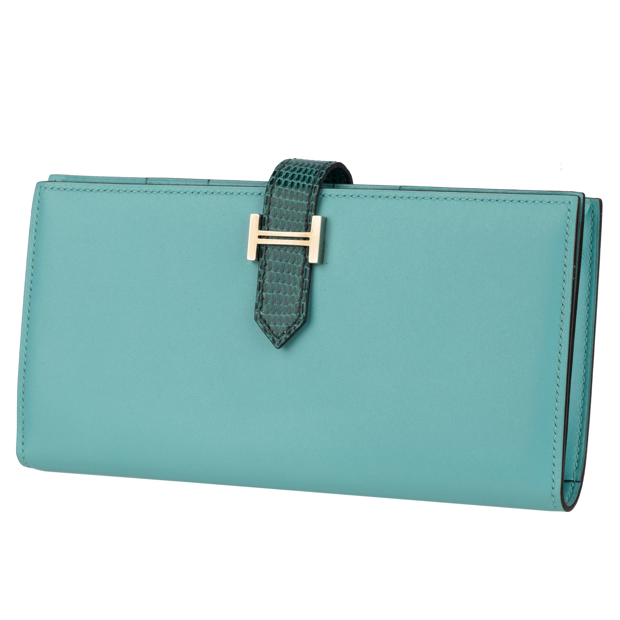 Hermes Bearn Wallet Long Blue Atoll & Blue Petrole Tadelakt Leather Palladium Hardware
