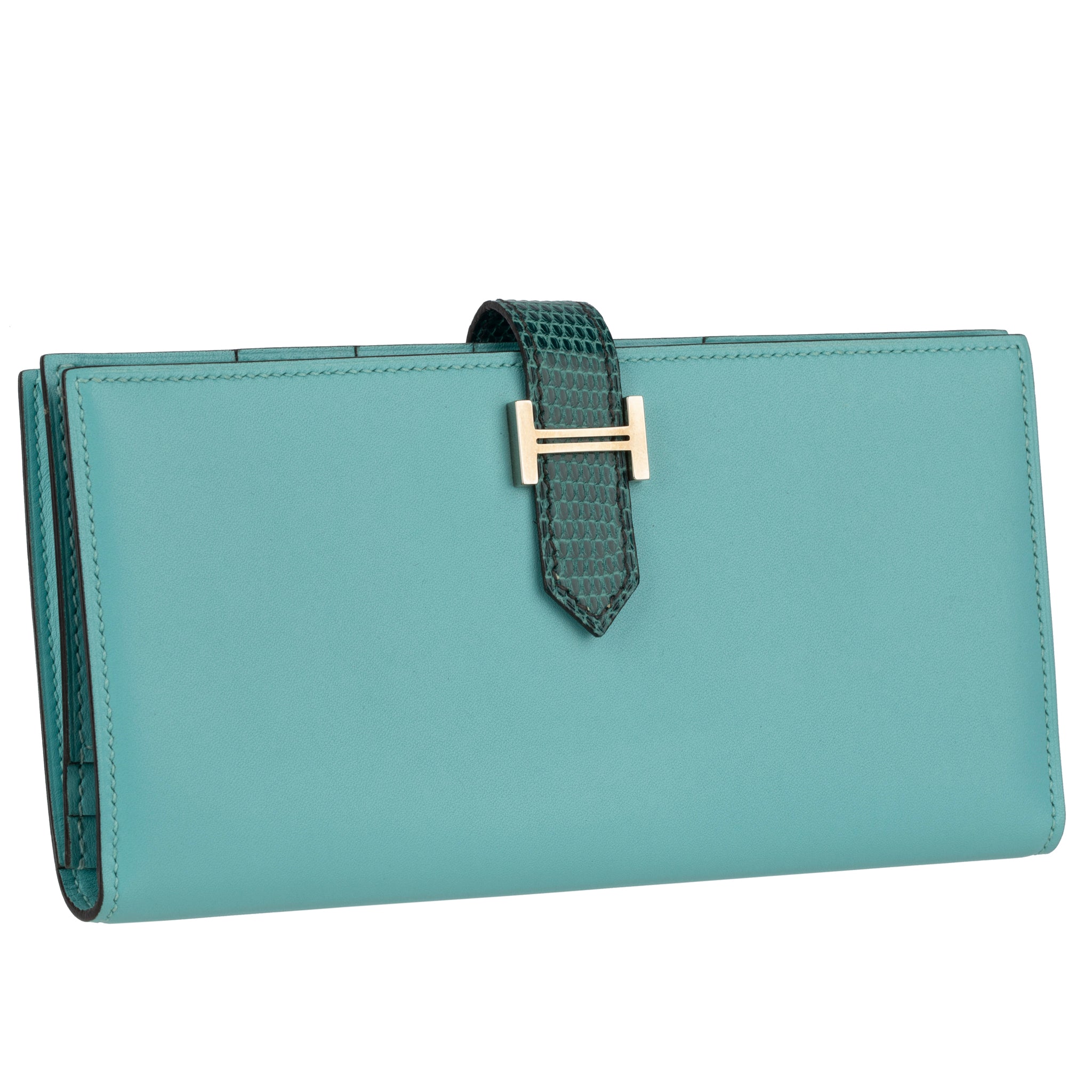 Hermes Bearn Wallet Long Blue Atoll & Blue Petrole Tadelakt Leather Palladium Hardware