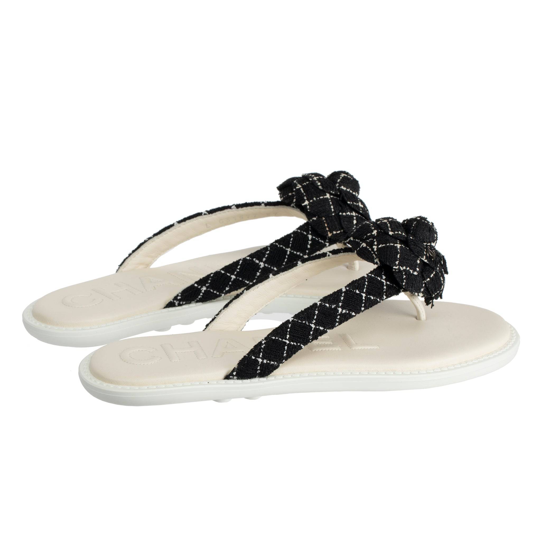 CHANEL TWEED CAMELIA BLACK & WHITE SANDALS 37 FR - On Repeat