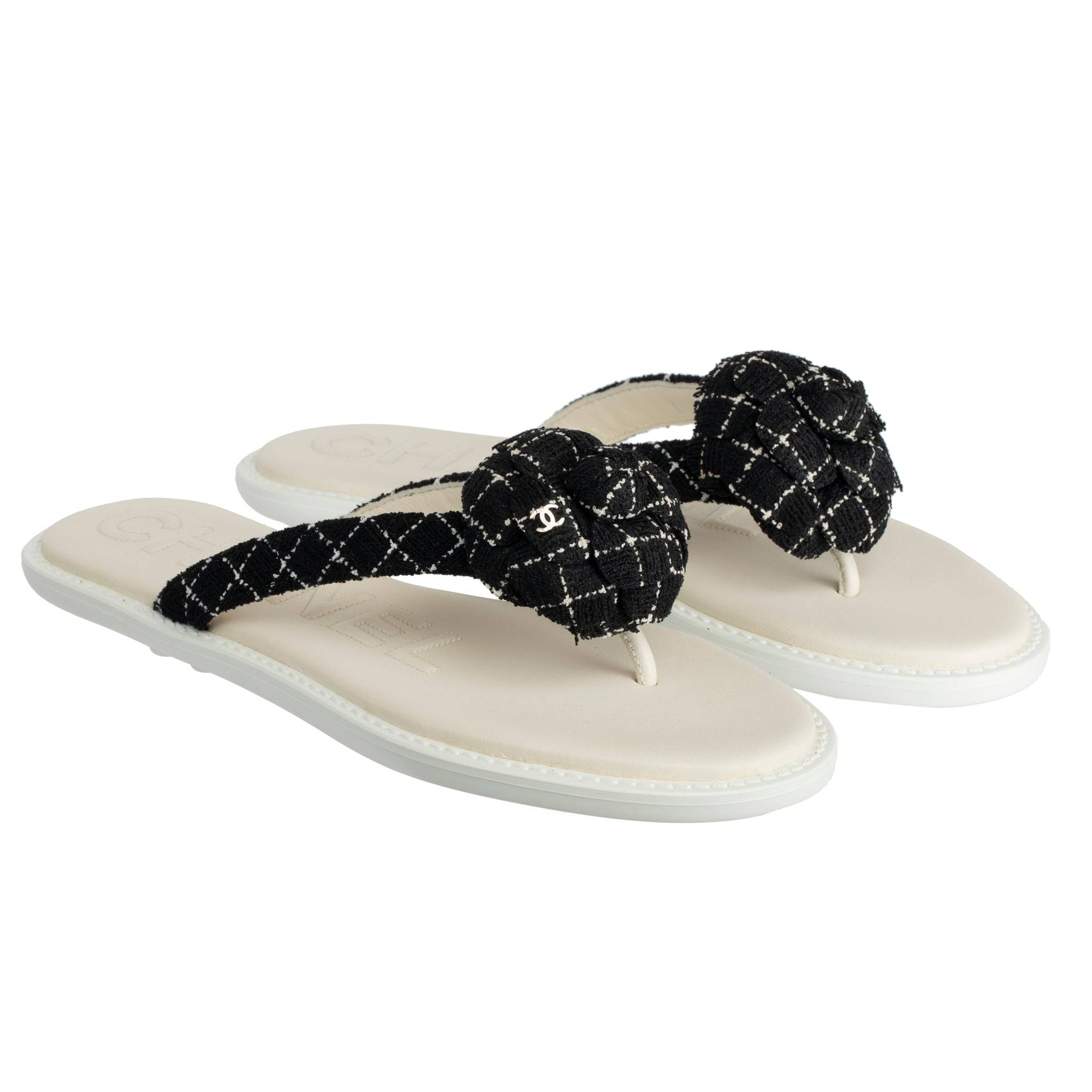CHANEL TWEED CAMELIA BLACK & WHITE SANDALS 37 FR - On Repeat