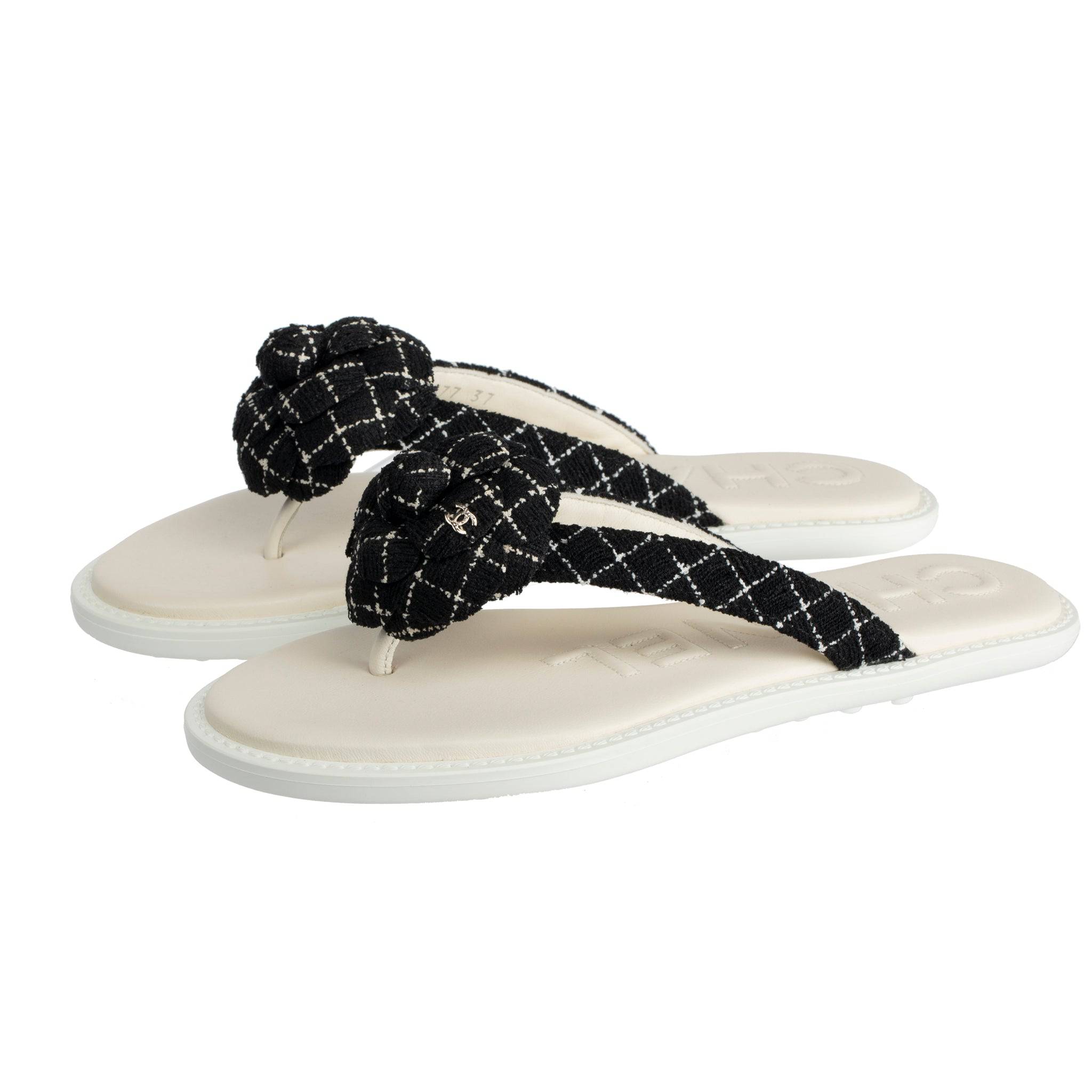 CHANEL TWEED CAMELIA BLACK & WHITE SANDALS 37 FR - On Repeat
