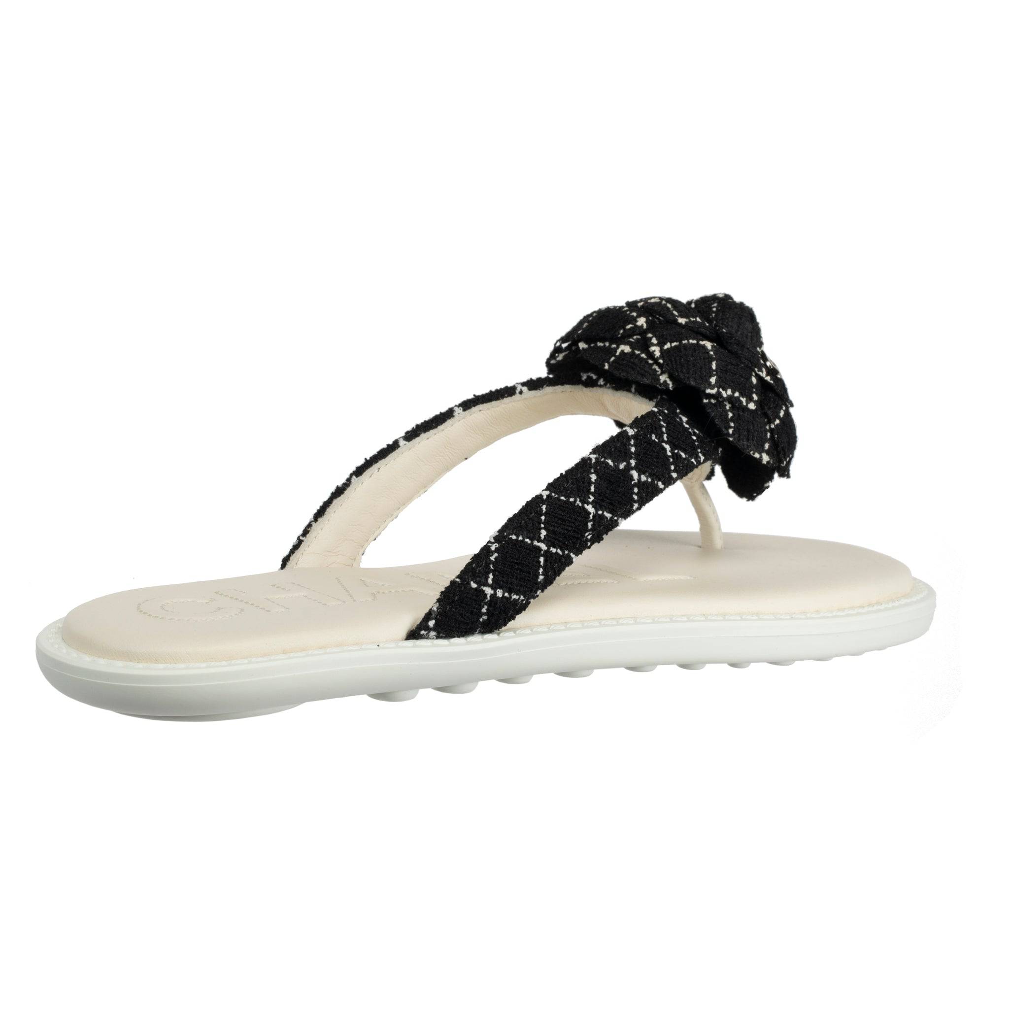CHANEL TWEED CAMELIA BLACK & WHITE SANDALS 37 FR - On Repeat