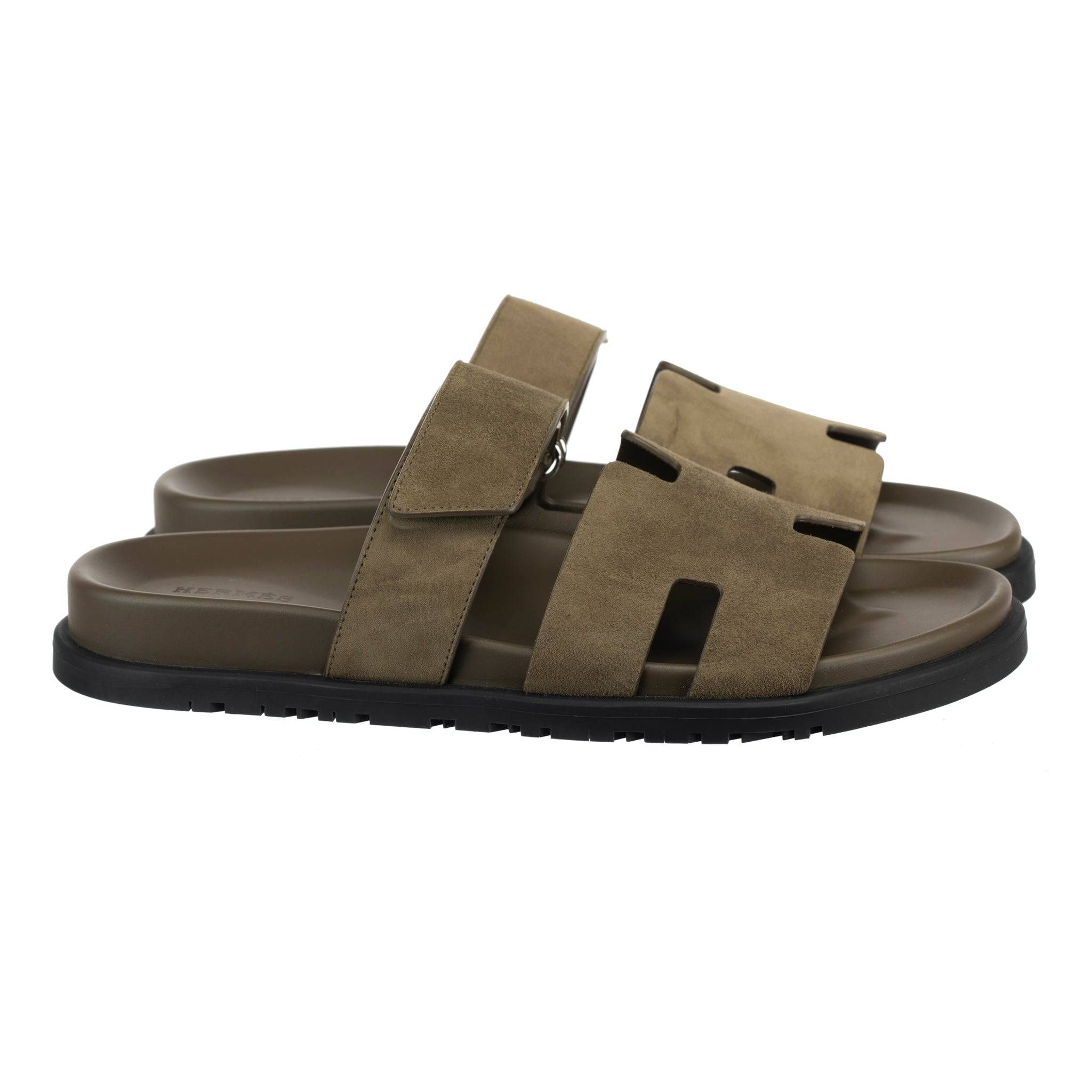 HERMES CHYPRE SANDAL VERT ARMY SUEDE PALLADIUM HARDWARE 41 FR - On Repeat