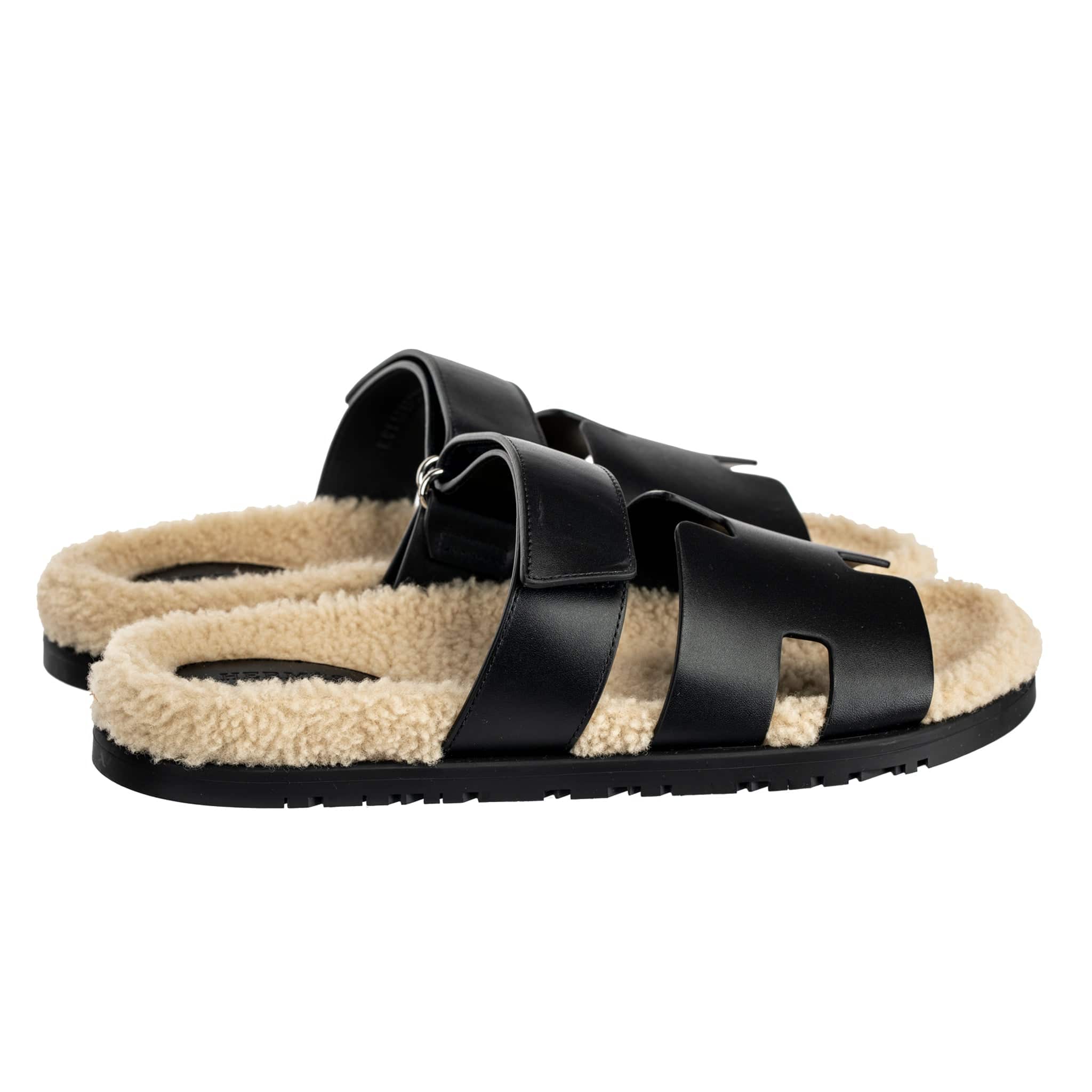 HERMES CHYPRE SANDAL BLACK SHEARLING PALLADIUM HARDWARE - On Repeat