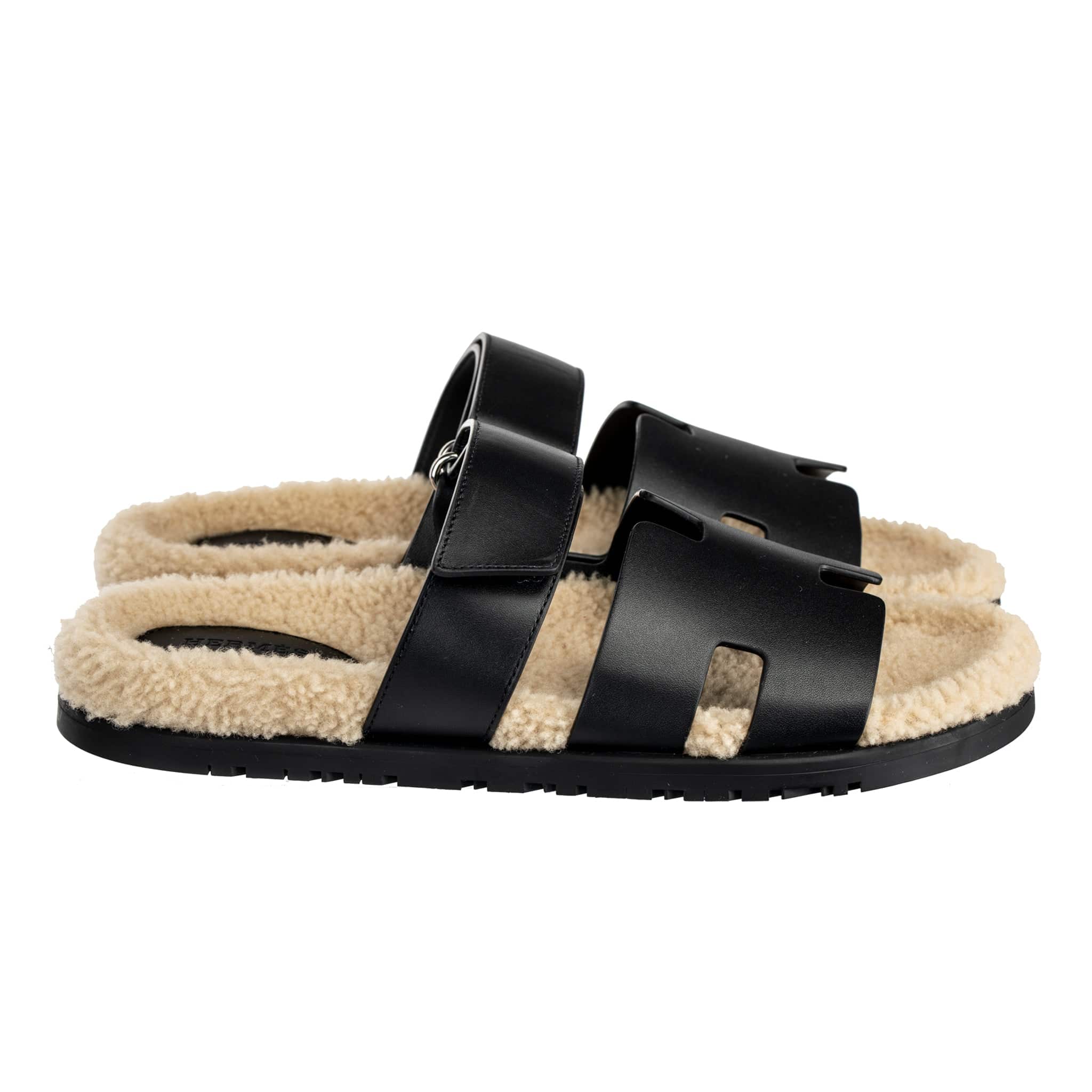 HERMES CHYPRE SANDAL BLACK SHEARLING PALLADIUM HARDWARE - On Repeat
