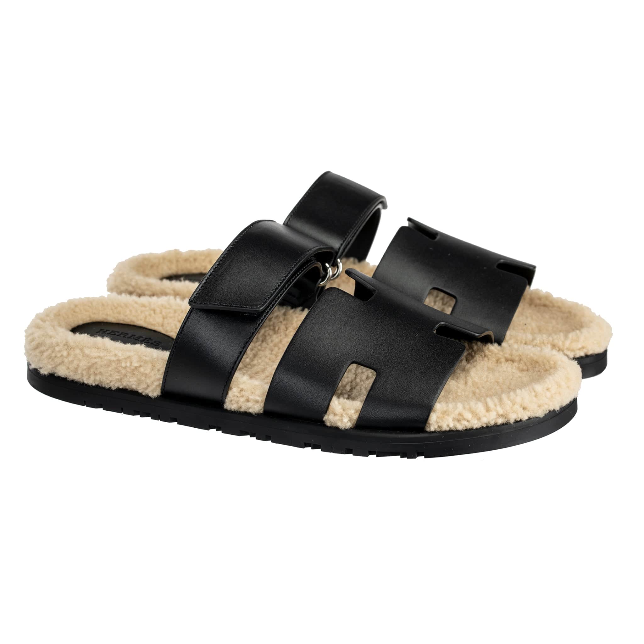 HERMES CHYPRE SANDAL BLACK SHEARLING PALLADIUM HARDWARE - On Repeat