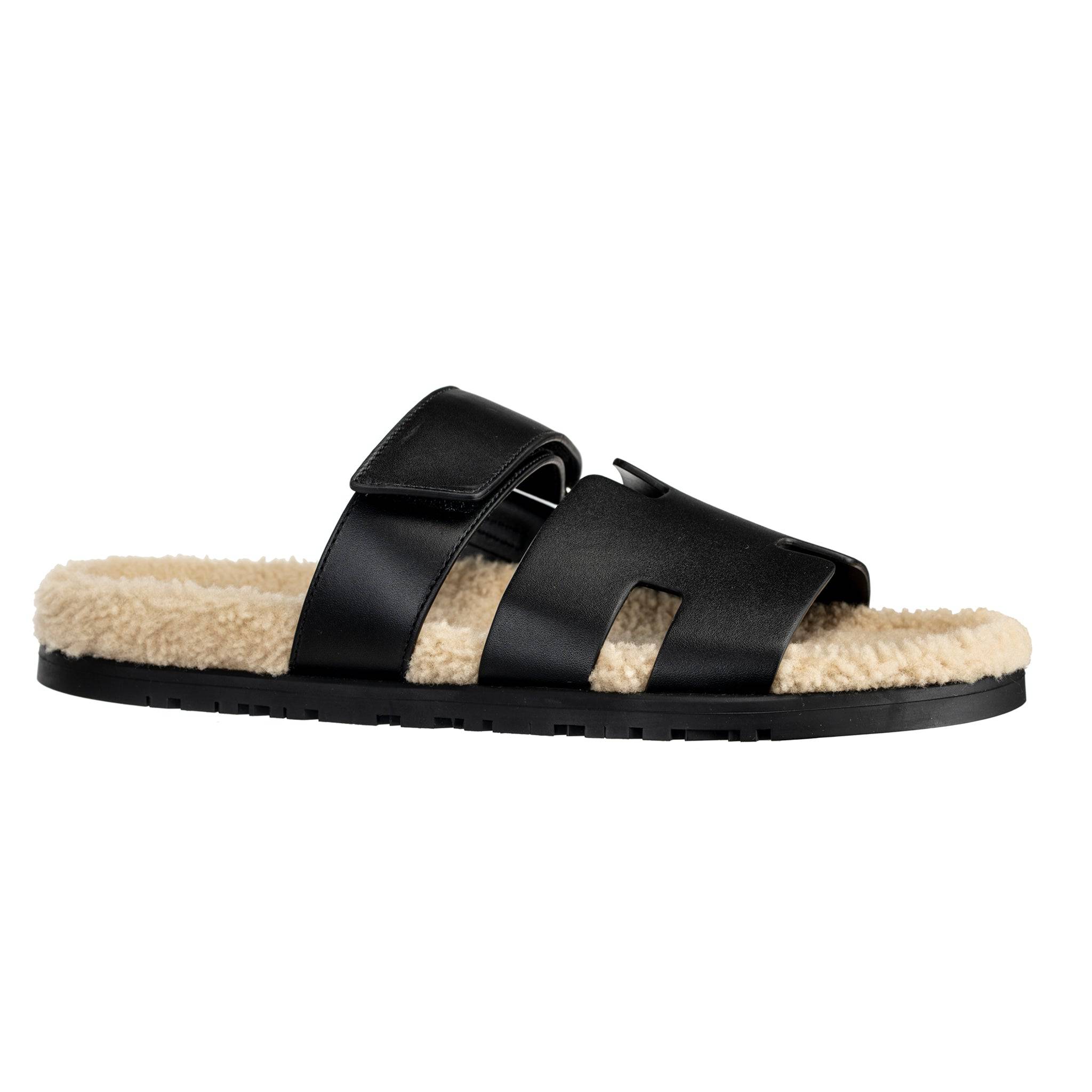 HERMES CHYPRE SANDAL BLACK SHEARLING PALLADIUM HARDWARE - On Repeat