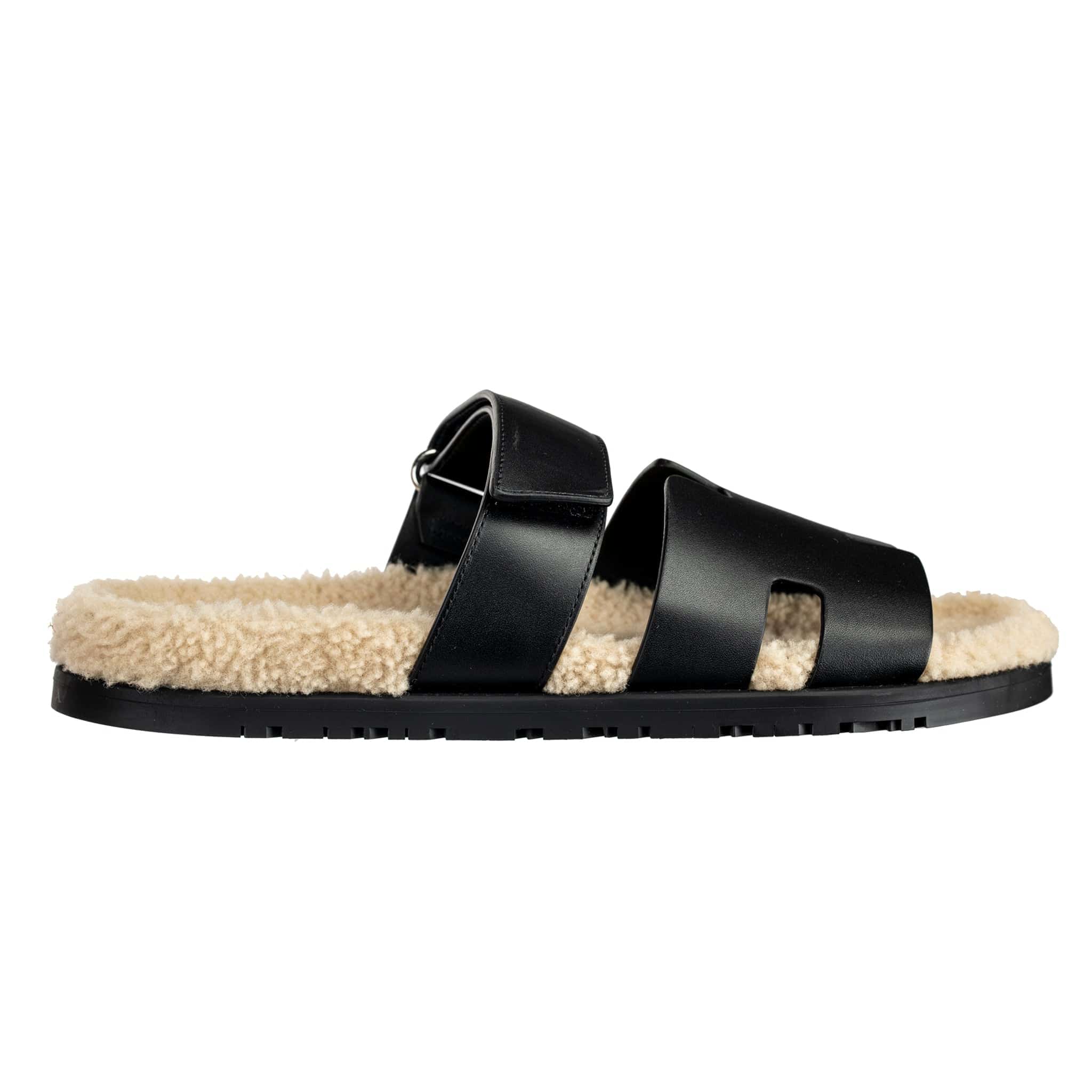 HERMES CHYPRE SANDAL BLACK SHEARLING PALLADIUM HARDWARE - On Repeat