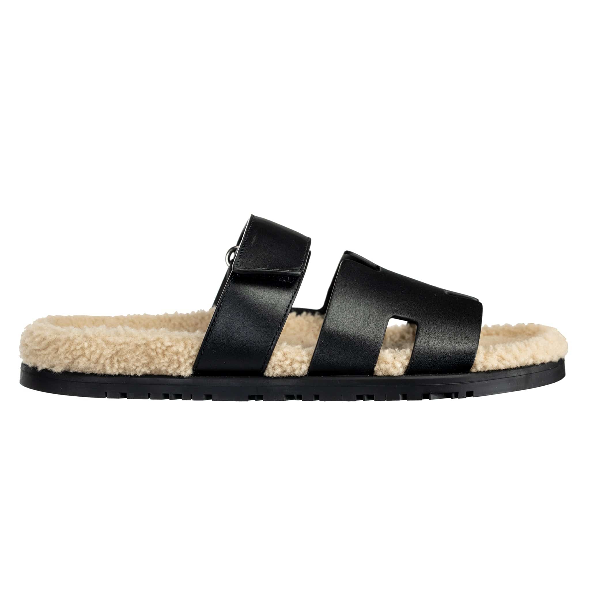 HERMES CHYPRE SANDAL BLACK SHEARLING PALLADIUM HARDWARE - On Repeat