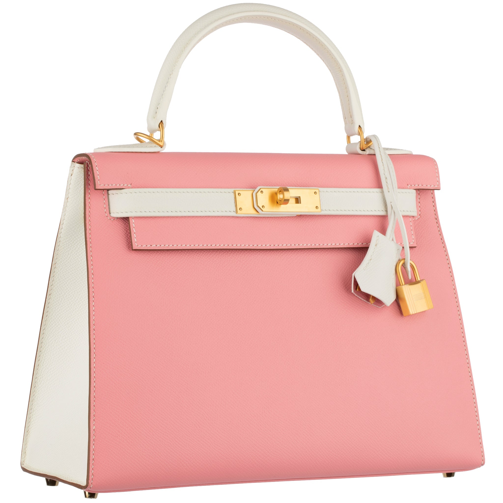 HERMES KELLY 28CM SPECIAL ORDER WHITE AND ROSE CONFETTI EPSOM LEATHER BRUSHED GOLD HARDWARE - On Repeat