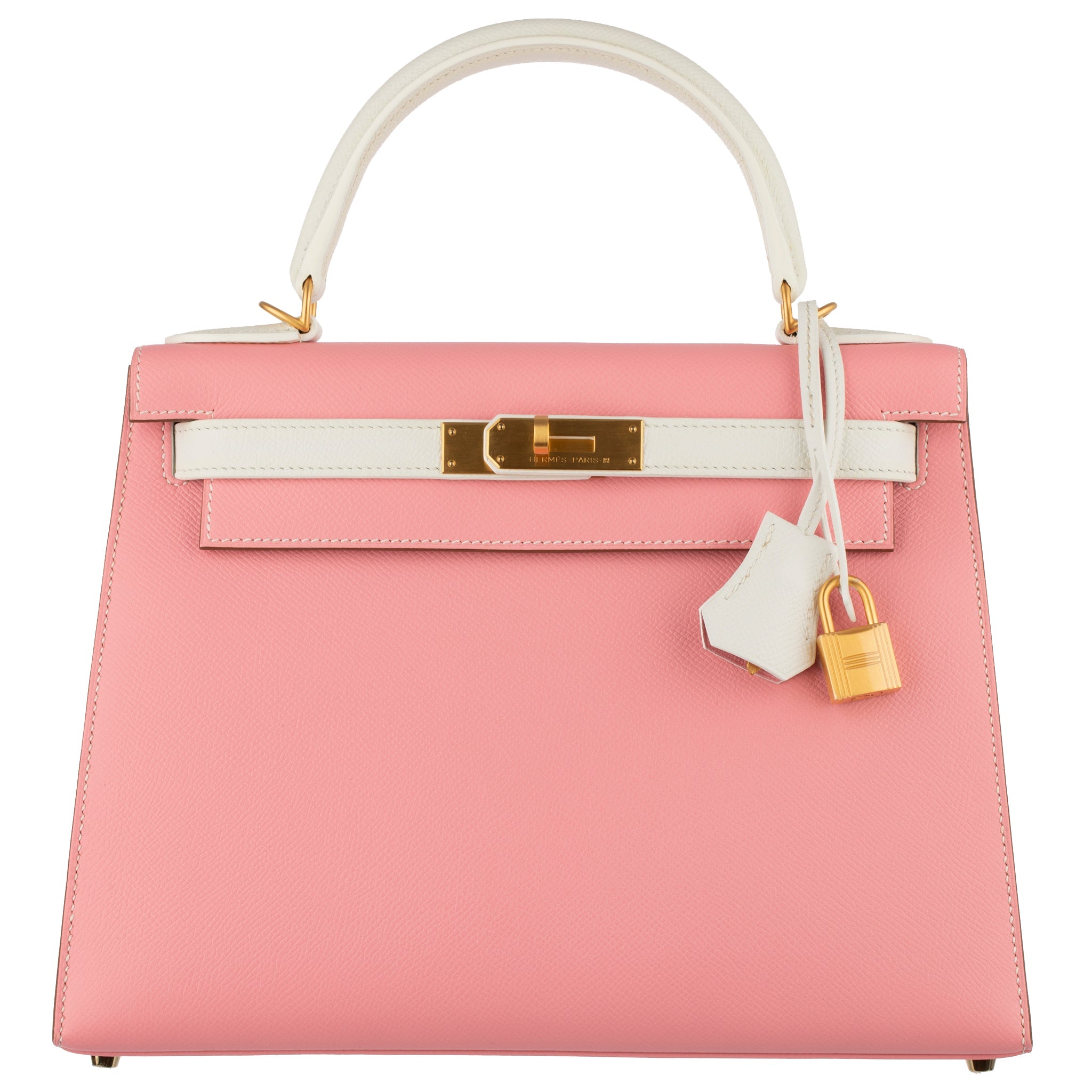 HERMES KELLY 28CM SPECIAL ORDER WHITE AND ROSE CONFETTI EPSOM LEATHER BRUSHED GOLD HARDWARE - On Repeat