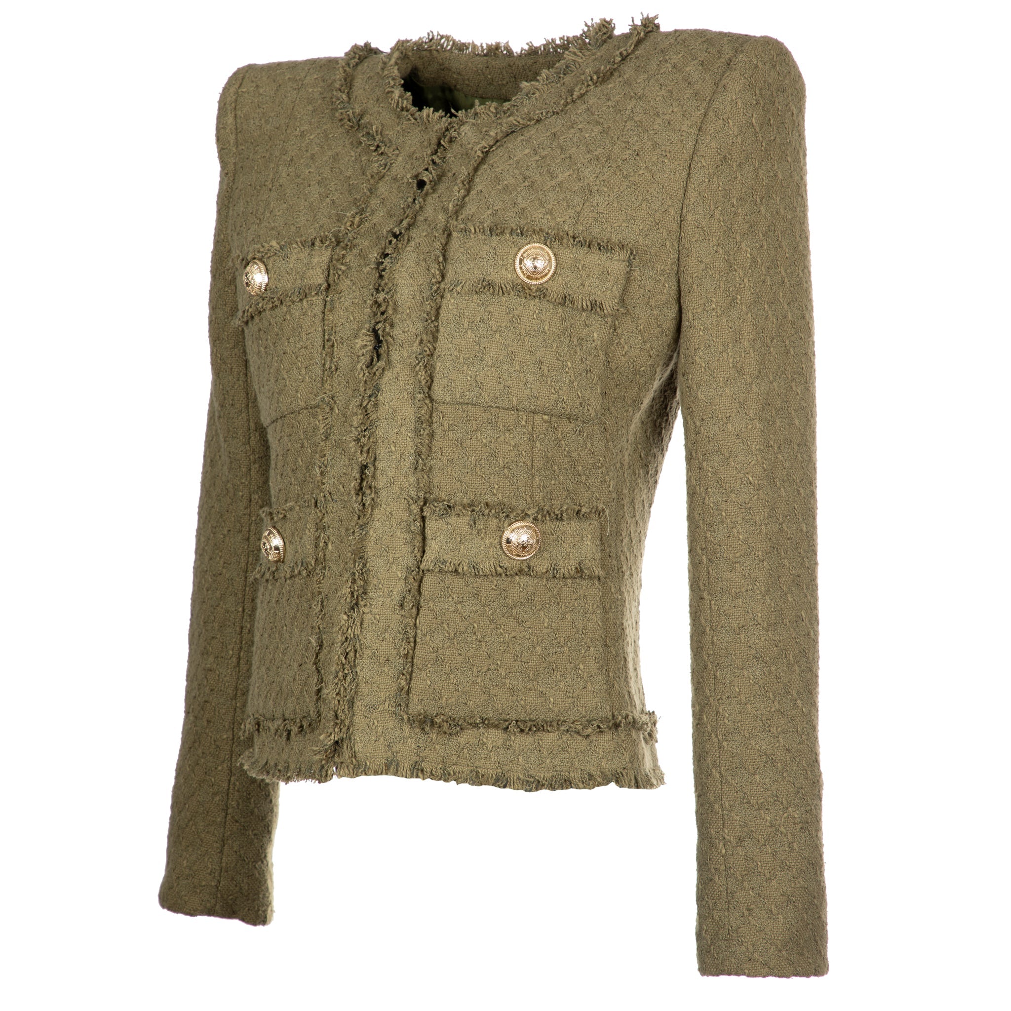 BALMAIN WOMENS TWEED FOUR BUTTON BLAZER KHAKI 38 FR - On Repeat