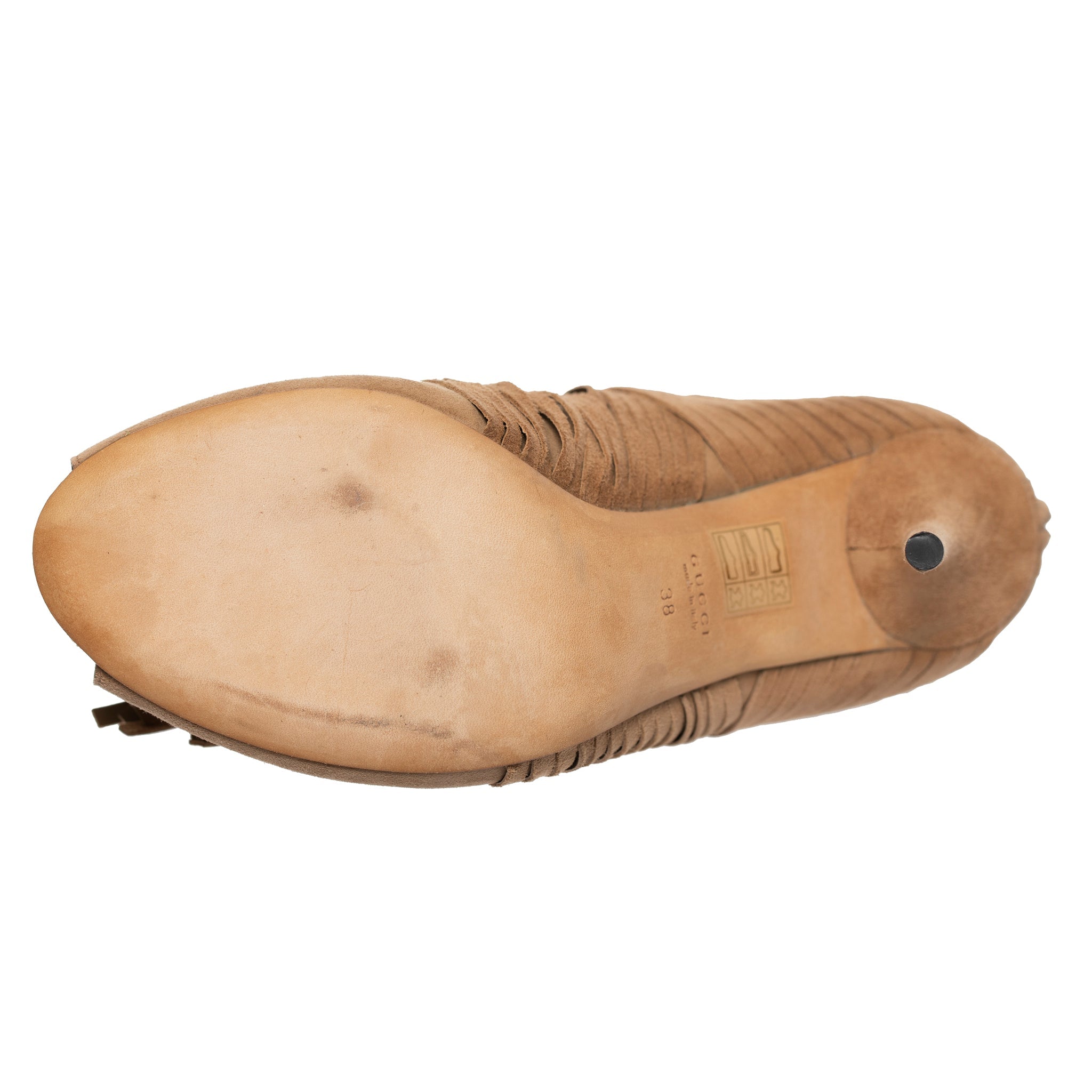 GUCCI ACKERMAN SUEDE FRINGE TAN BOOTIES 38 IT - On Repeat