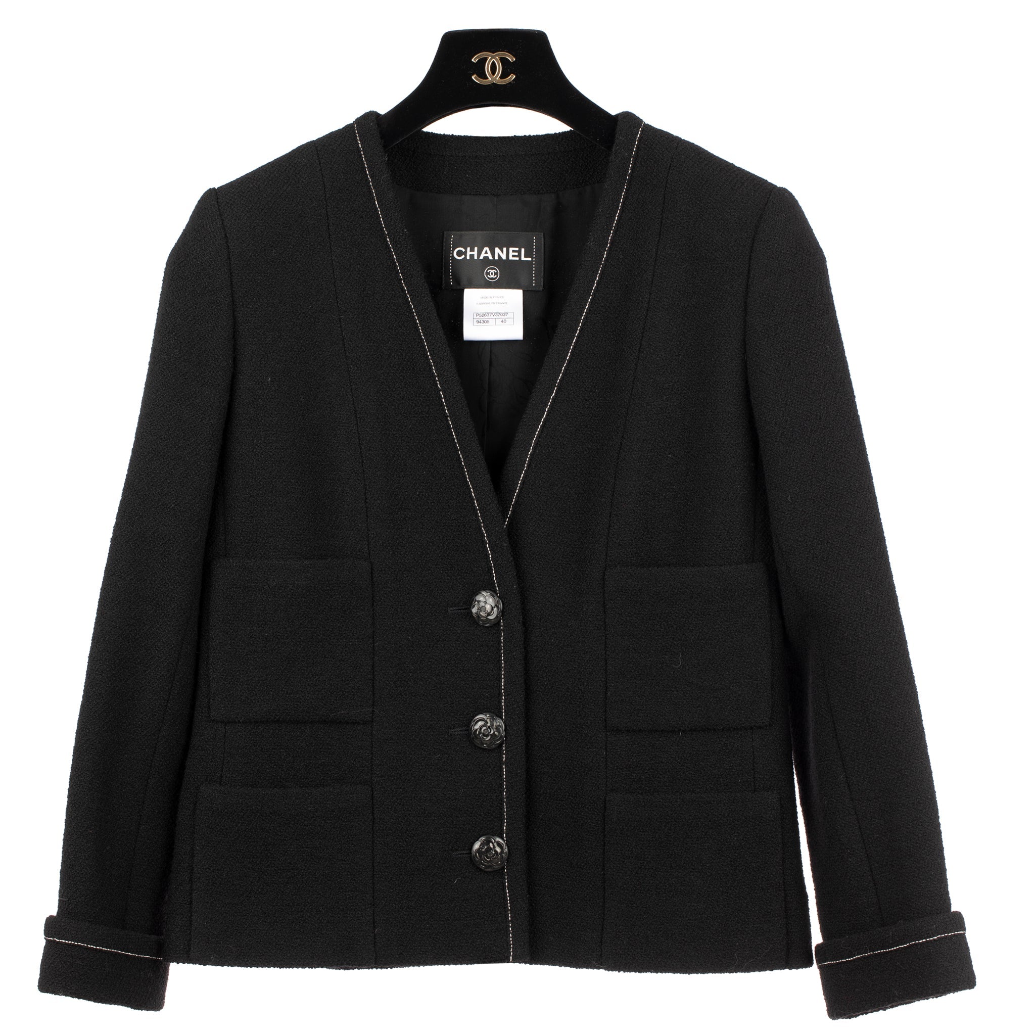 Chanel Black Jacket With Camelia Buttons 40 Fr - On Repeat
