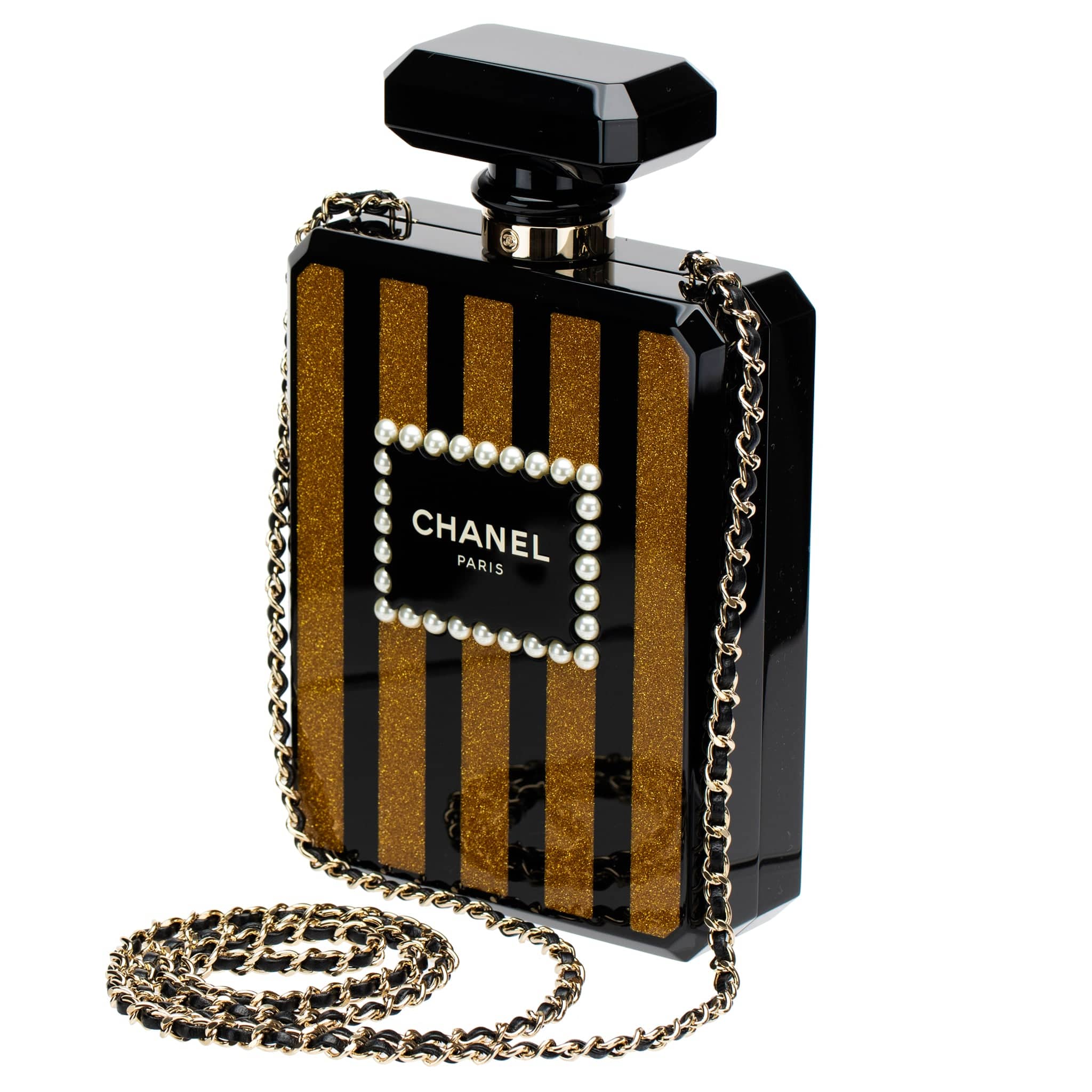 CHANEL MINAUDIÈRE LIMITED EDITION LUCITE PERFUME BOTTLE BLACK, GOLD GLITTER & PEARLS GOLD HARDWARE - On Repeat