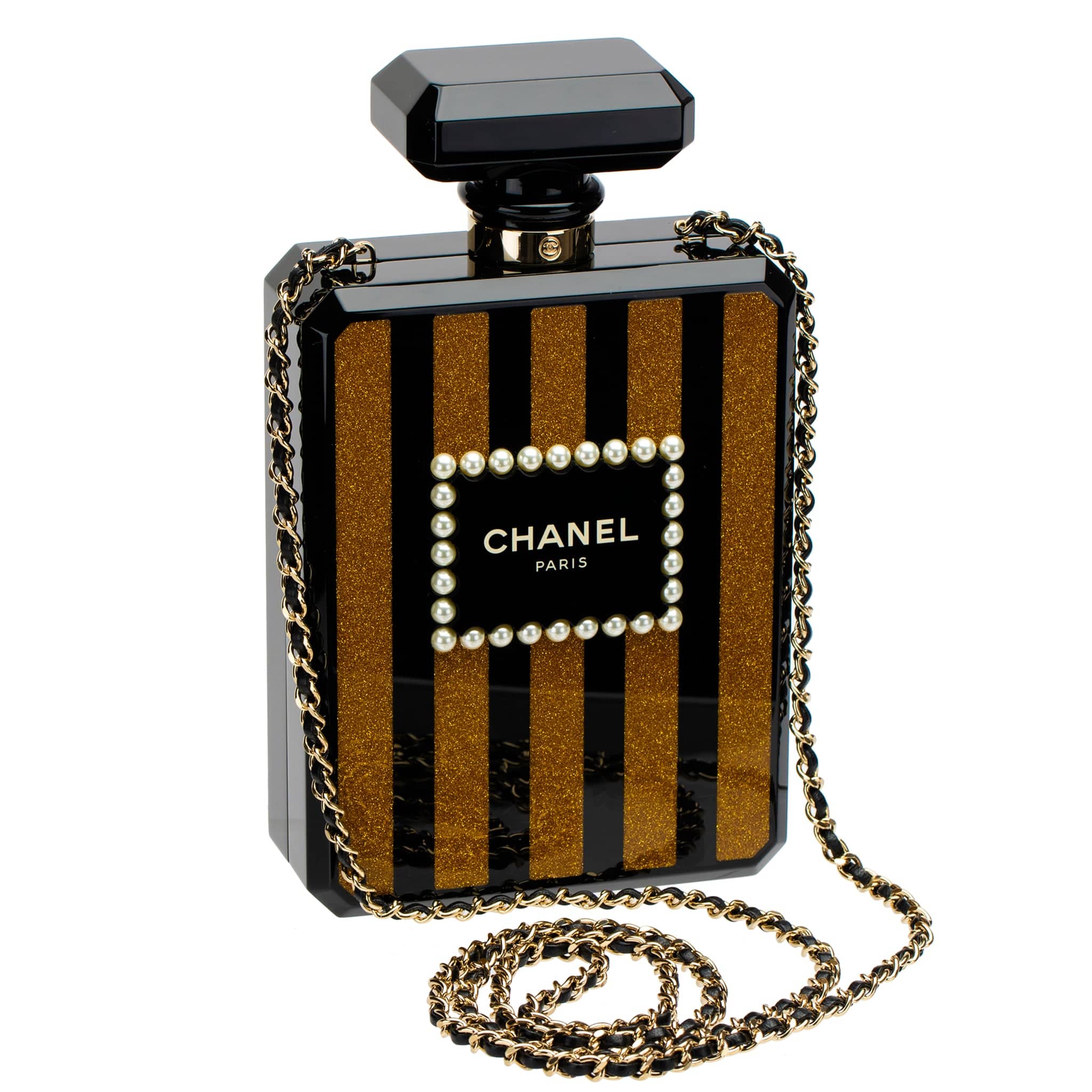 CHANEL MINAUDIÈRE LIMITED EDITION LUCITE PERFUME BOTTLE BLACK, GOLD GLITTER & PEARLS GOLD HARDWARE - On Repeat