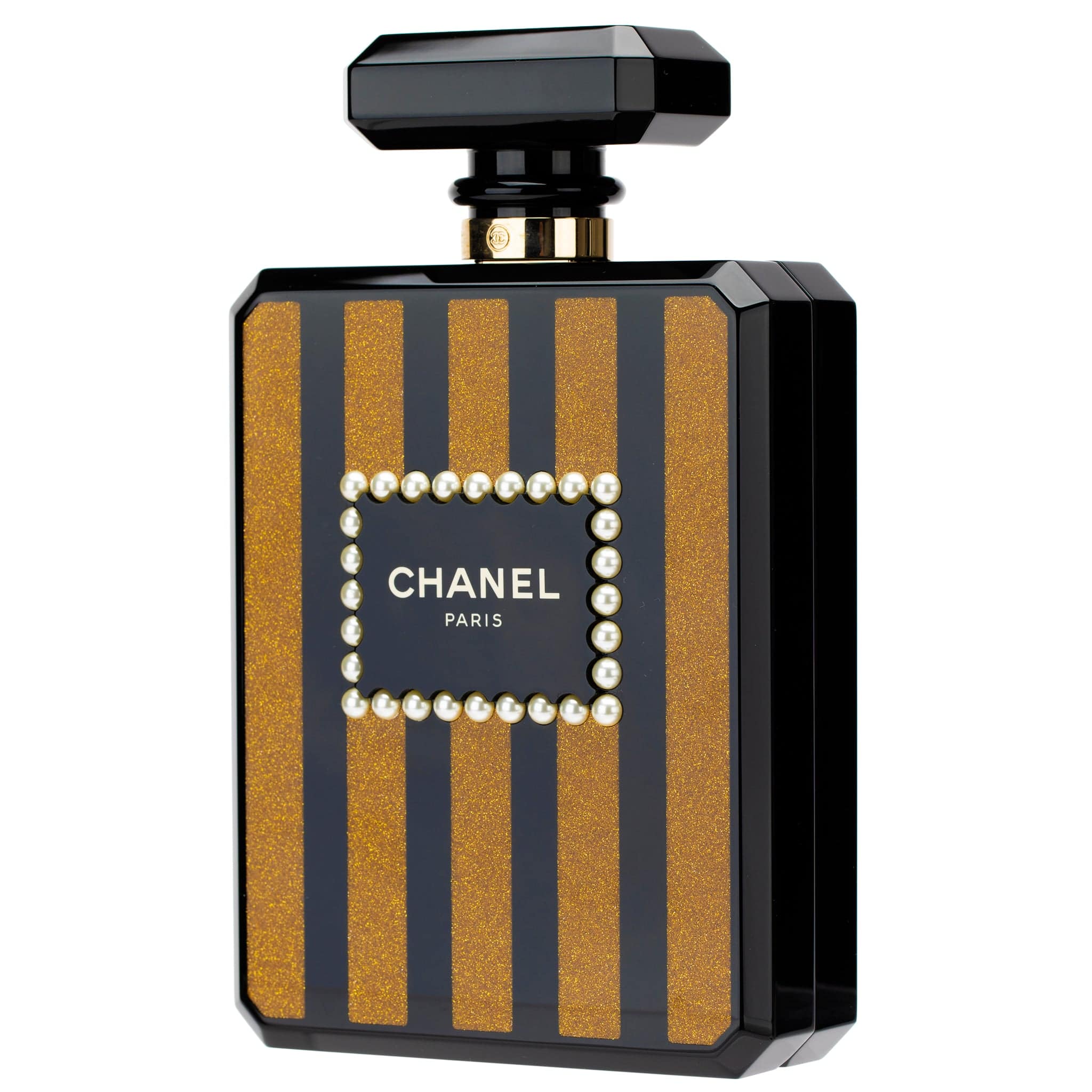 CHANEL MINAUDIÈRE LIMITED EDITION LUCITE PERFUME BOTTLE BLACK, GOLD GLITTER & PEARLS GOLD HARDWARE - On Repeat