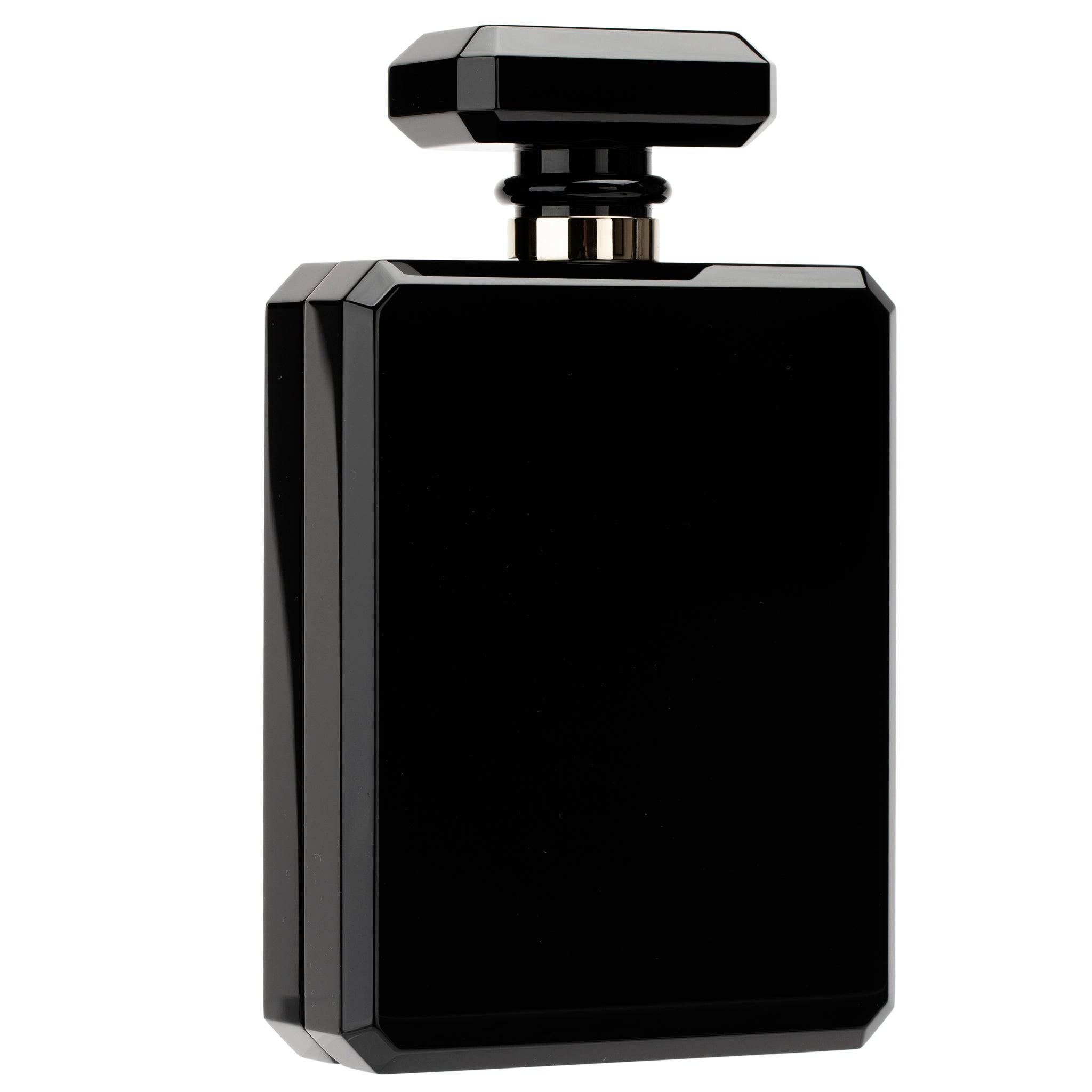 CHANEL MINAUDIÈRE LIMITED EDITION LUCITE PERFUME BOTTLE BLACK, GOLD GLITTER & PEARLS GOLD HARDWARE - On Repeat
