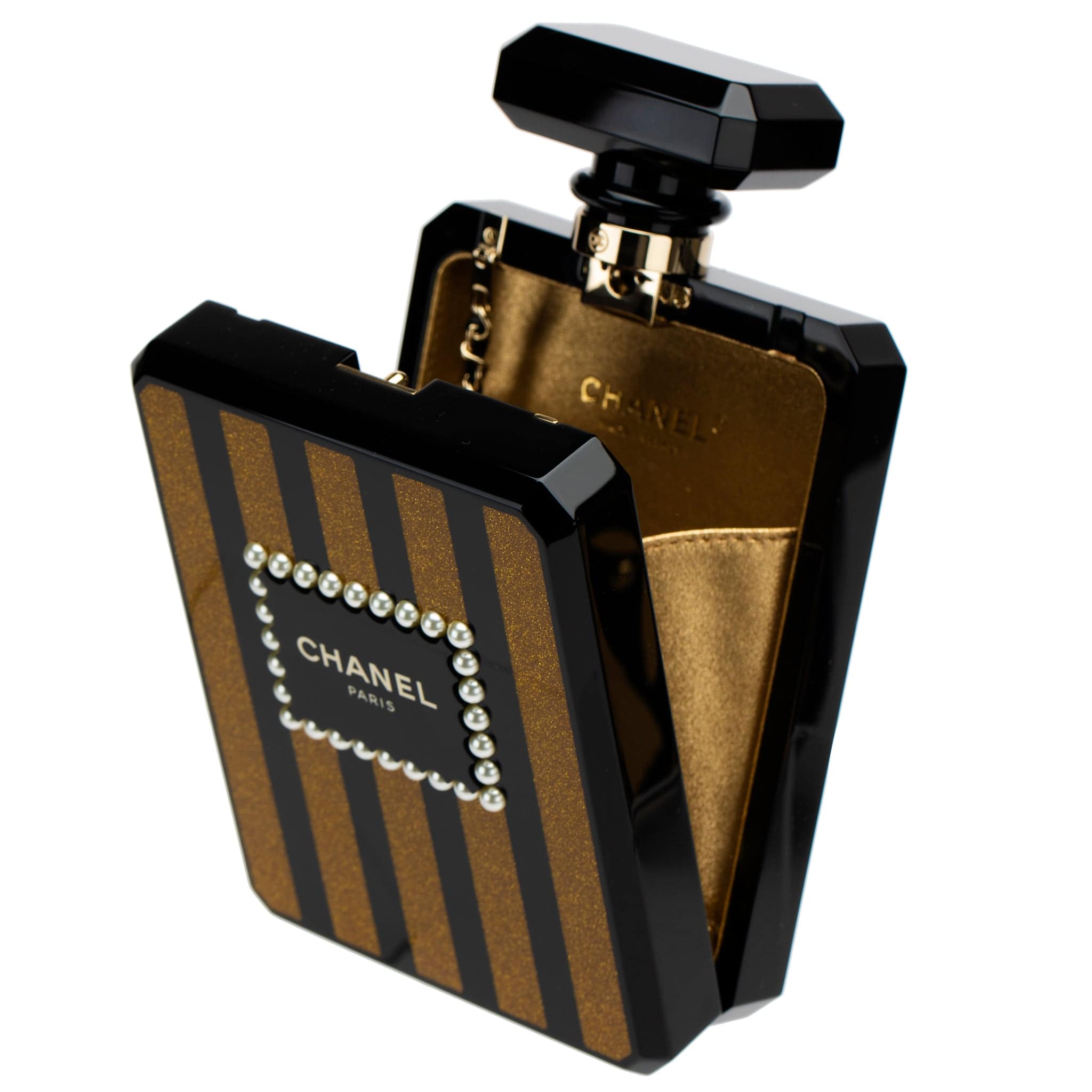 CHANEL MINAUDIÈRE LIMITED EDITION LUCITE PERFUME BOTTLE BLACK, GOLD GLITTER & PEARLS GOLD HARDWARE - On Repeat