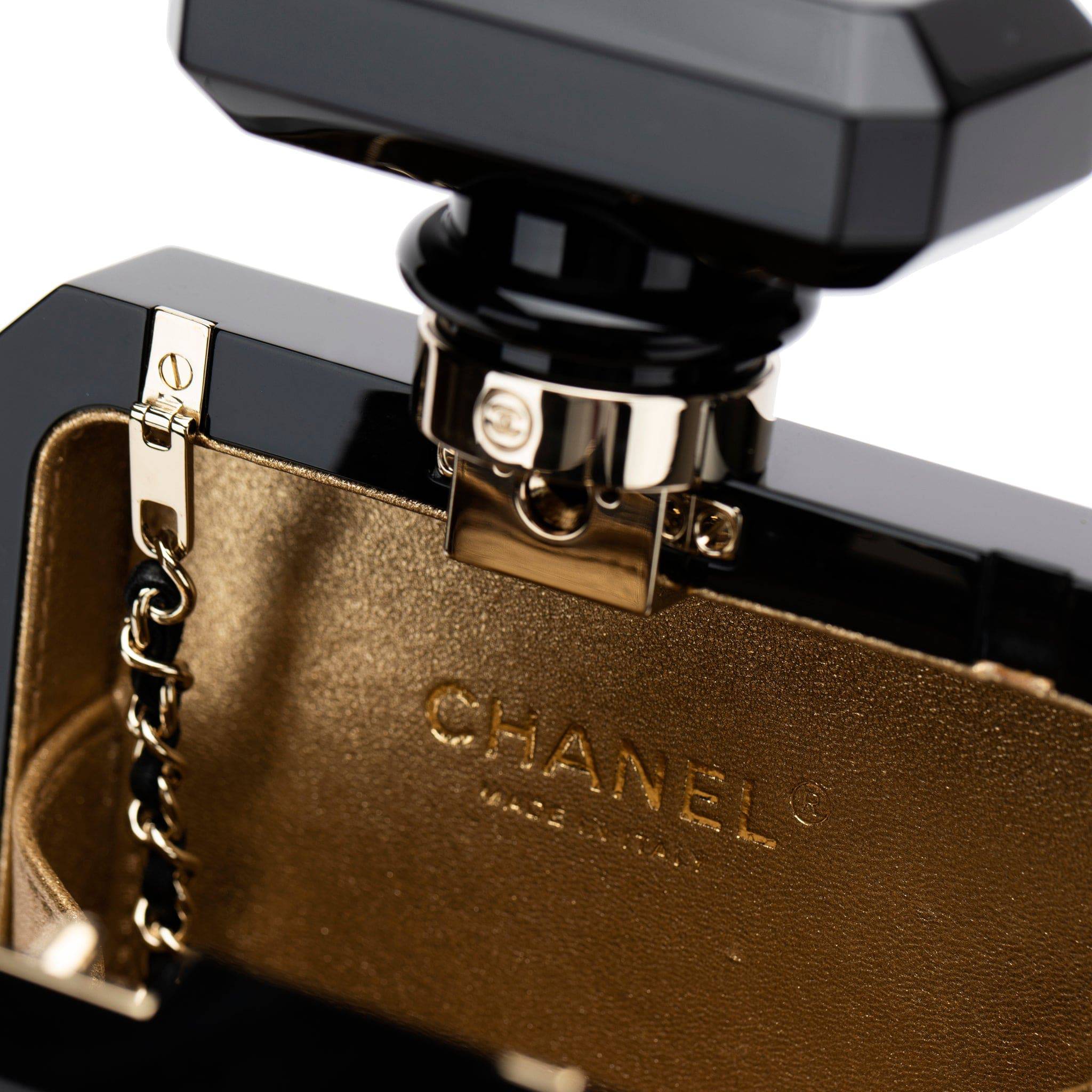 CHANEL MINAUDIÈRE LIMITED EDITION LUCITE PERFUME BOTTLE BLACK, GOLD GLITTER & PEARLS GOLD HARDWARE - On Repeat
