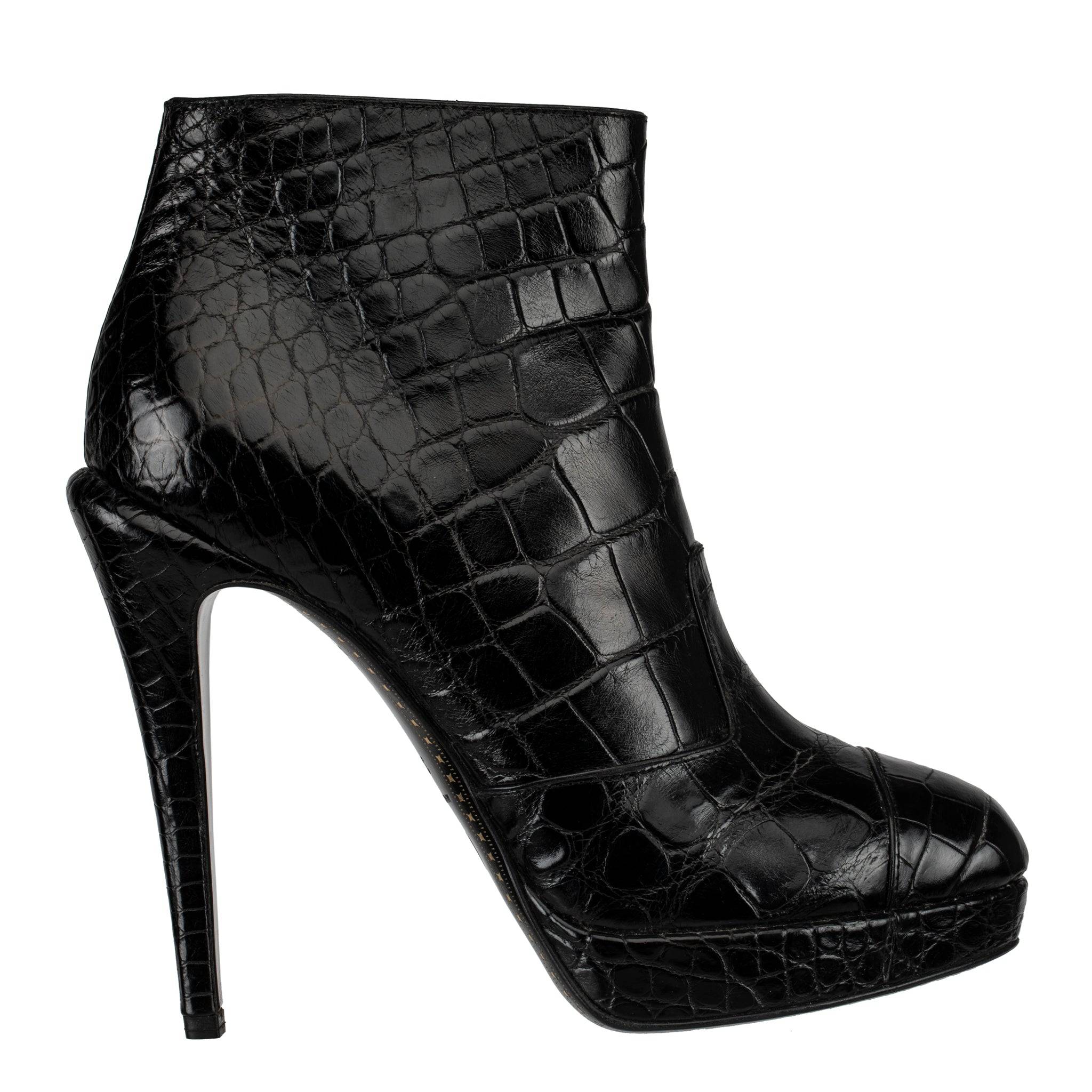 CHANEL BLACK MATTE CROCODILE LEATHER PLATFORM ANKLE BOOTS 38.5 FR - On Repeat