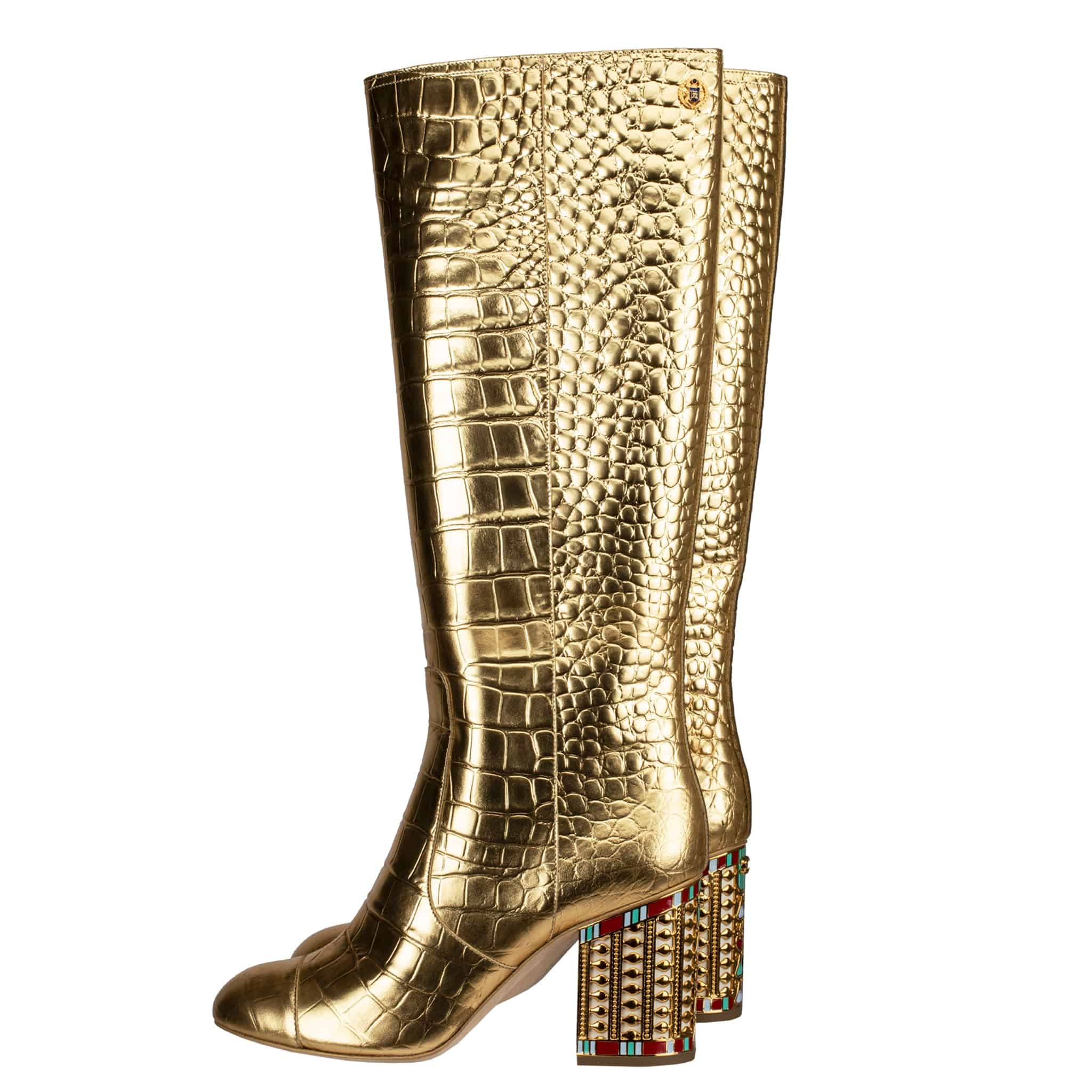 CHANEL PHARAOH TREASURE METALLIC GOLD CROCODILE EMBOSSED LEATHER HIGH BOOTS 39 FR - On Repeat