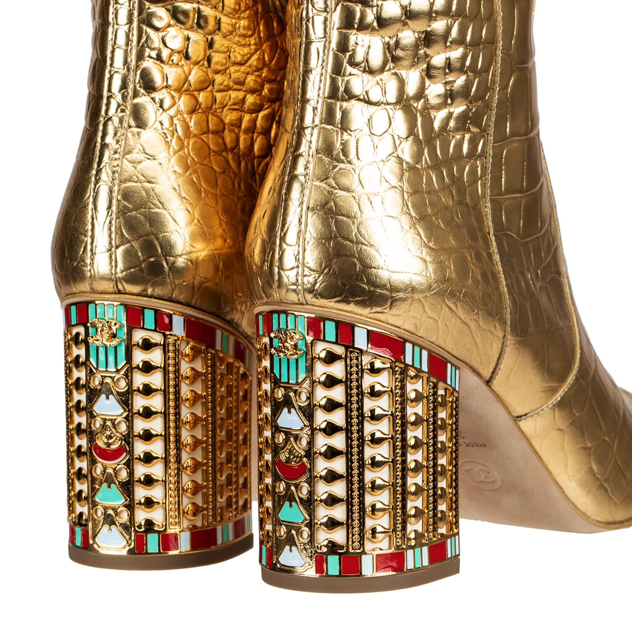 CHANEL PHARAOH TREASURE METALLIC GOLD CROCODILE EMBOSSED LEATHER HIGH BOOTS 39 FR - On Repeat