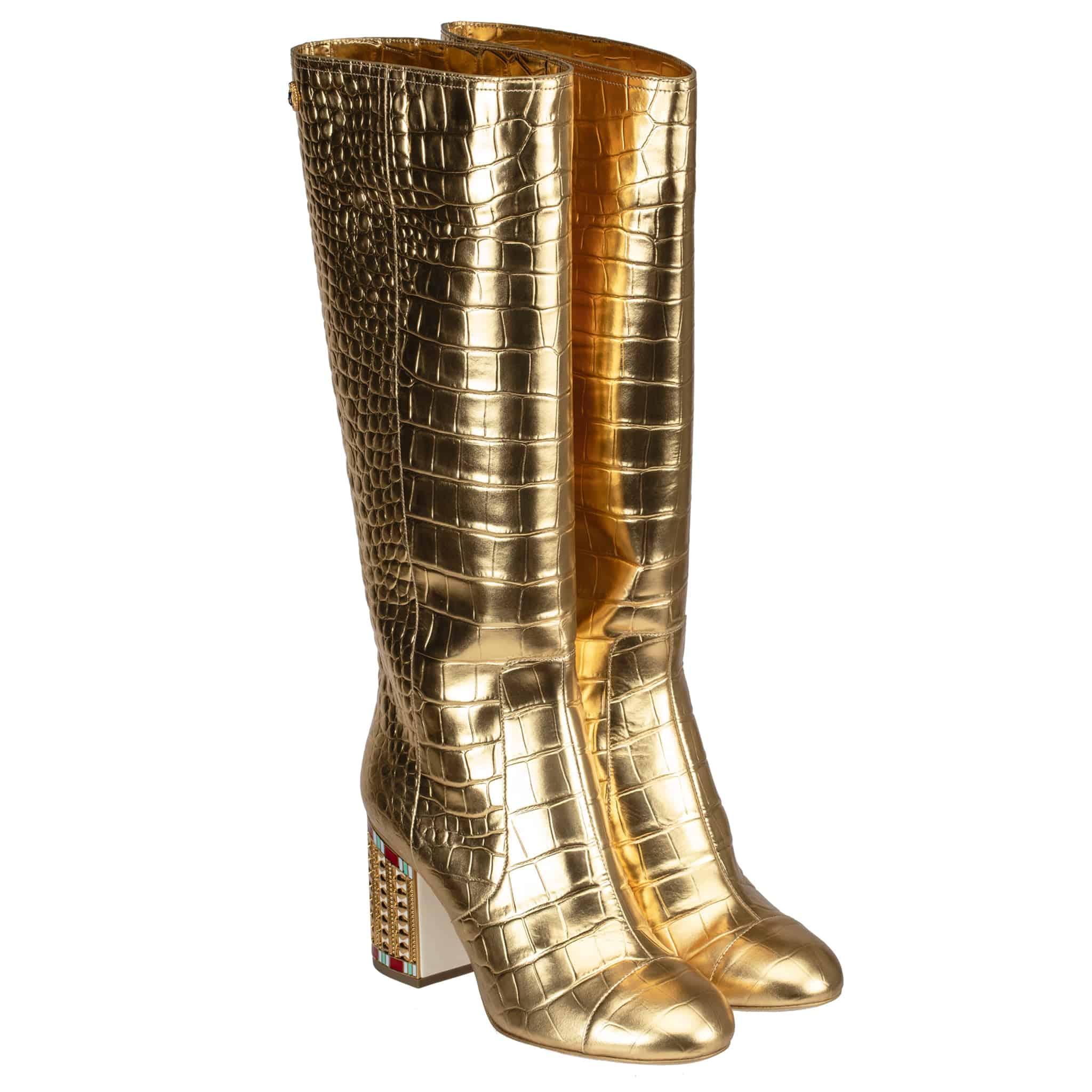 CHANEL PHARAOH TREASURE METALLIC GOLD CROCODILE EMBOSSED LEATHER HIGH BOOTS 39 FR - On Repeat