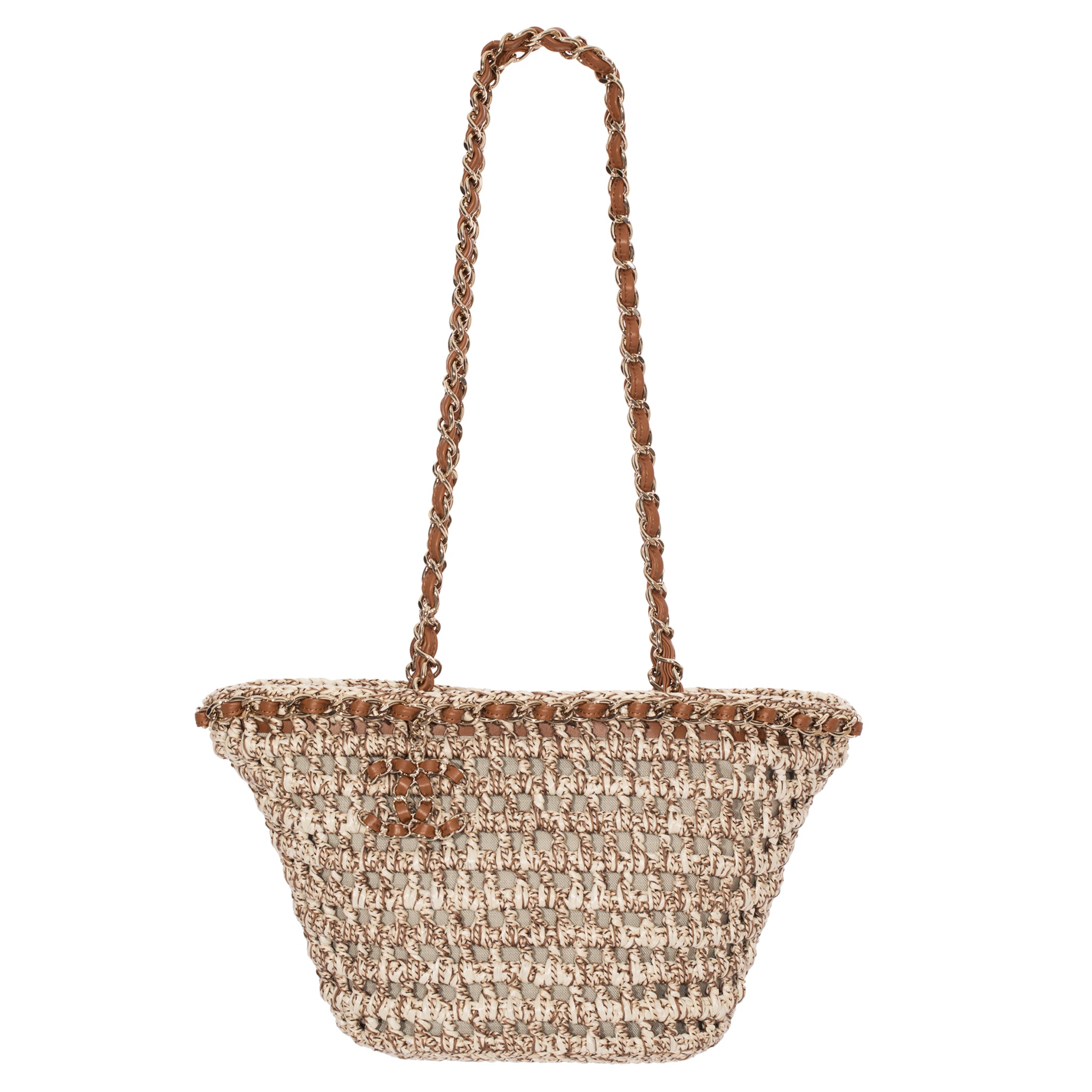 Chanel Small Crochet Shopping Tote Beige & Tan Gold Tone Hardware
