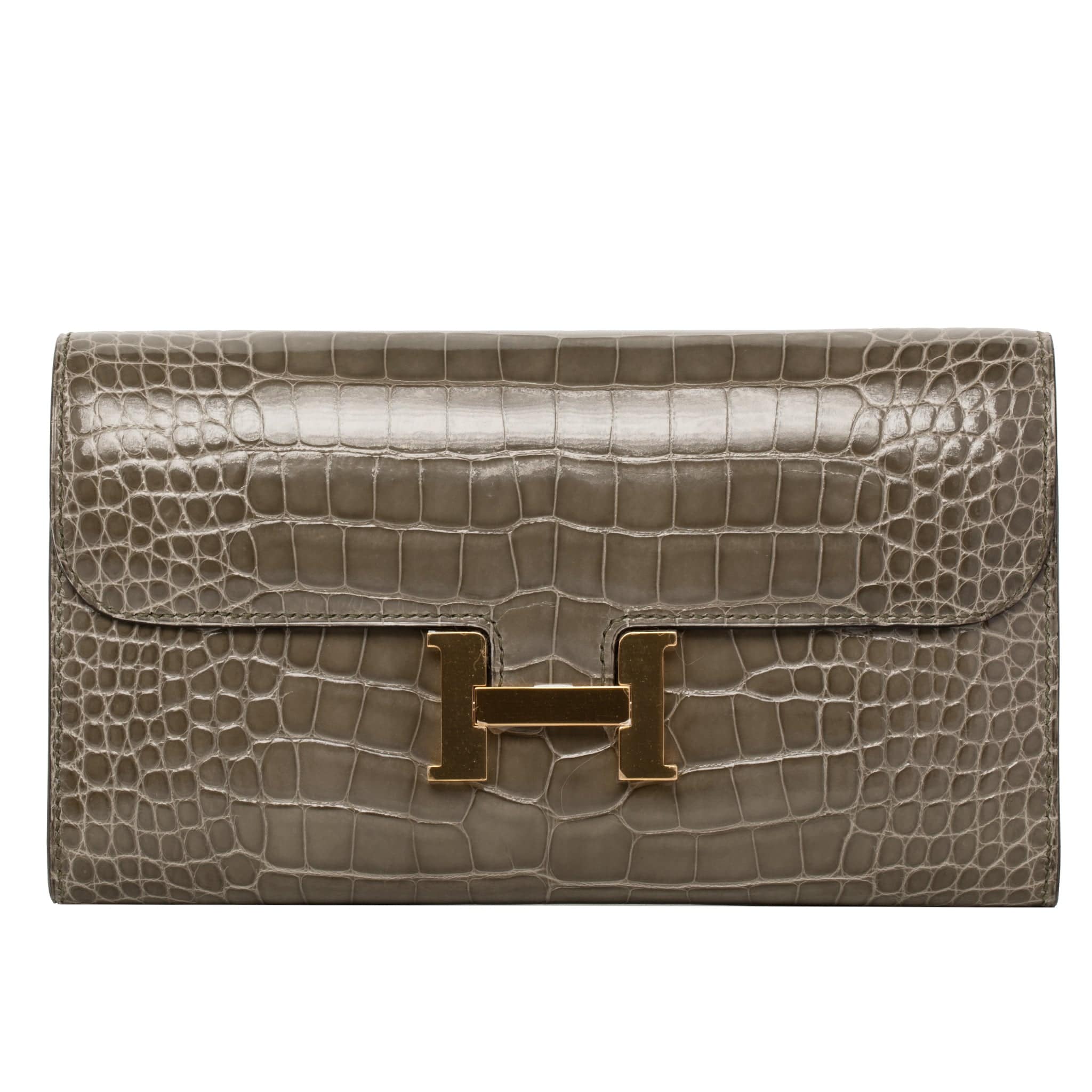 HERMES CONSTANCE WALLET GRIS TOURTERELLE ALLIGATOR GOLD HARDWARE - On Repeat