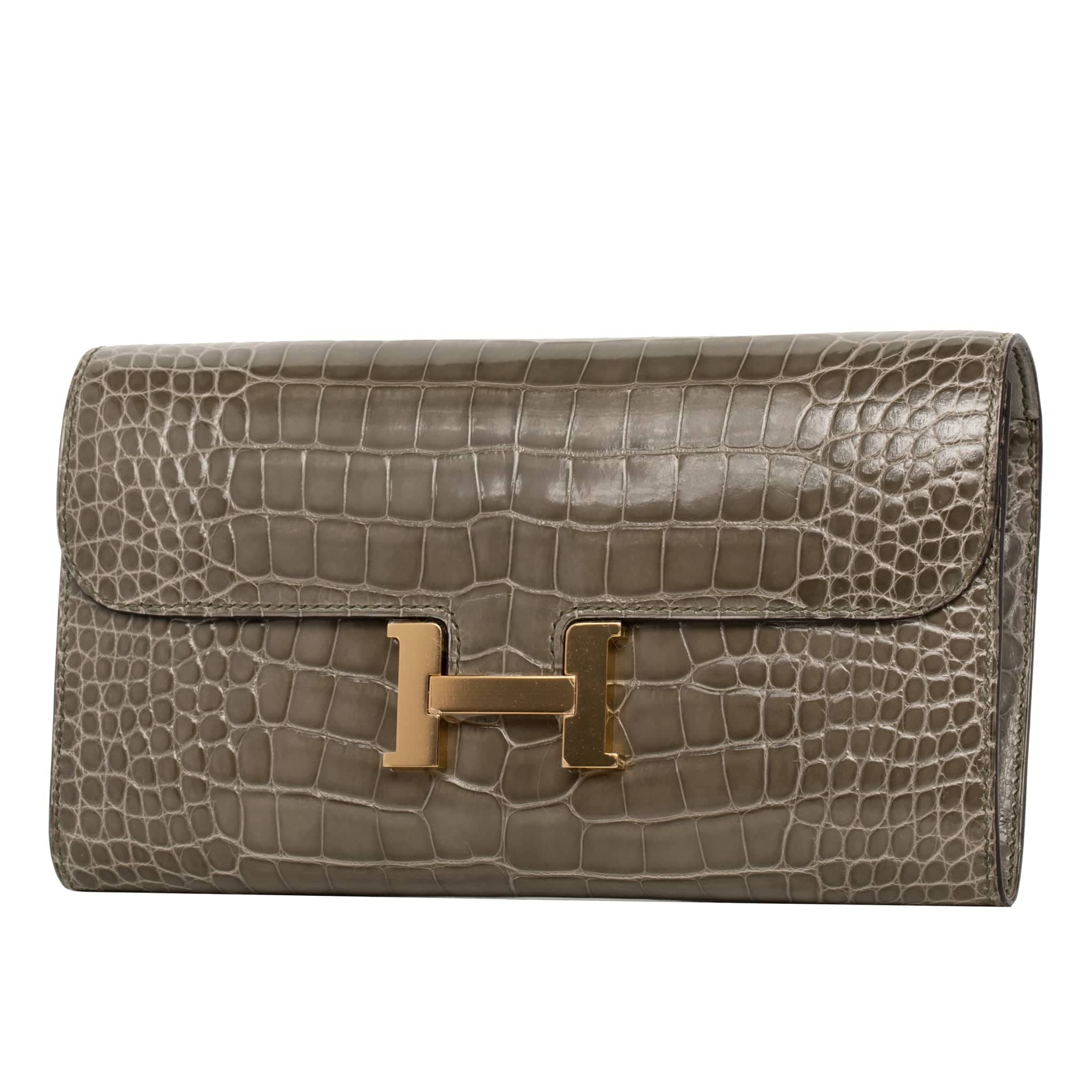 HERMES CONSTANCE WALLET GRIS TOURTERELLE ALLIGATOR GOLD HARDWARE - On Repeat
