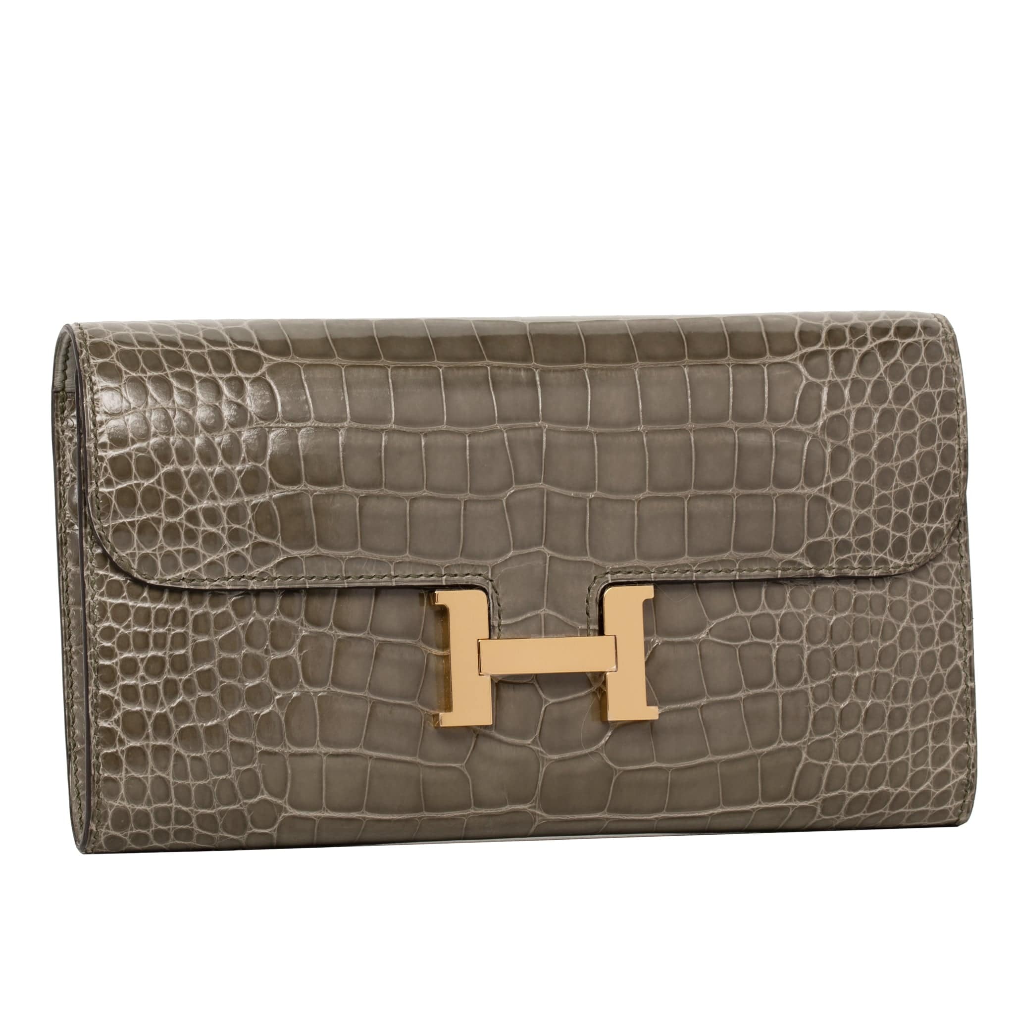 HERMES CONSTANCE WALLET GRIS TOURTERELLE ALLIGATOR GOLD HARDWARE - On Repeat