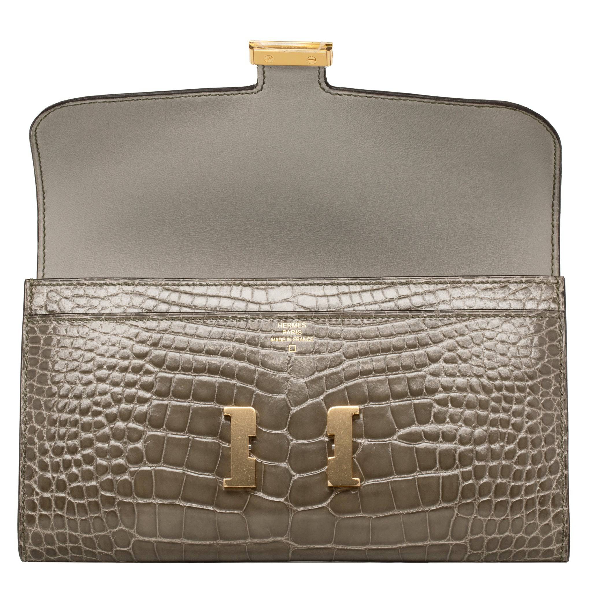 HERMES CONSTANCE WALLET GRIS TOURTERELLE ALLIGATOR GOLD HARDWARE - On Repeat