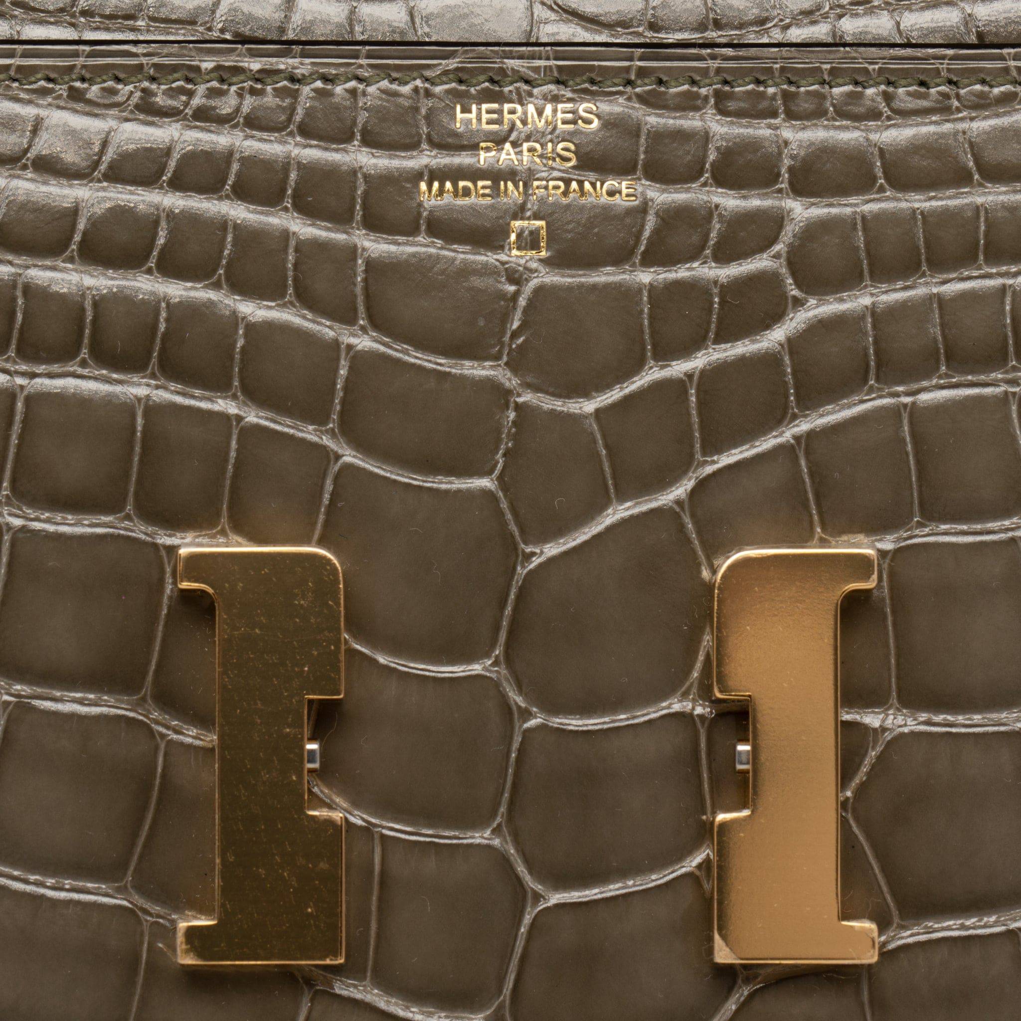 HERMES CONSTANCE WALLET GRIS TOURTERELLE ALLIGATOR GOLD HARDWARE - On Repeat