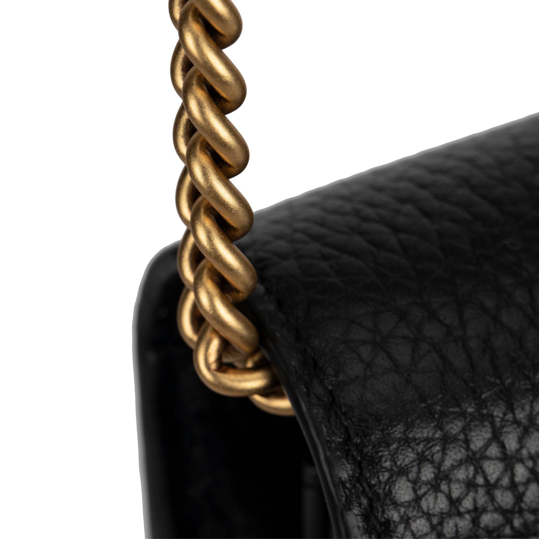 GUCCI MARMONT WALLET ON CHAIN BLACK PEBBLED LEATHER AGED GOLD HARDWARE - On Repeat