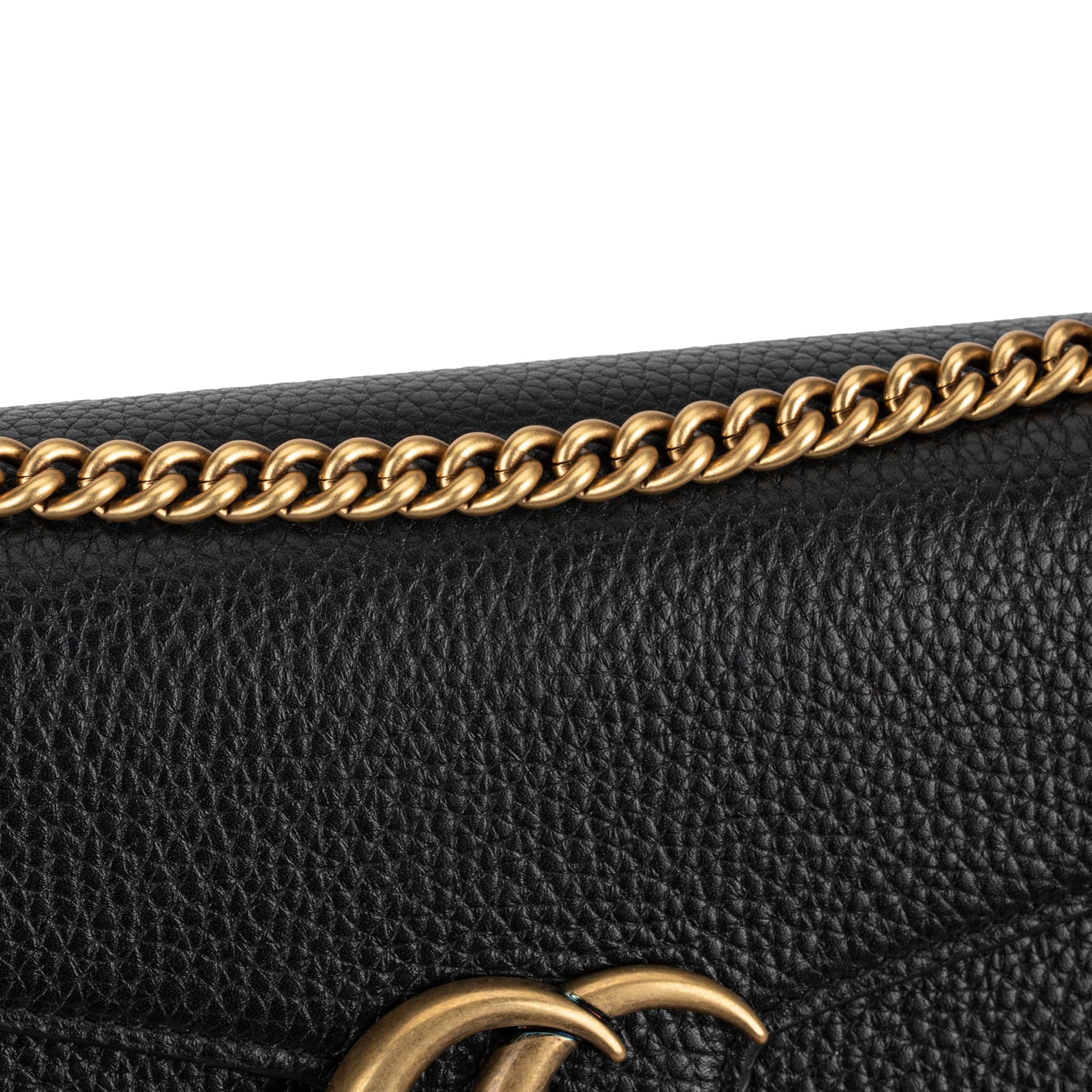 GUCCI MARMONT WALLET ON CHAIN BLACK PEBBLED LEATHER AGED GOLD HARDWARE - On Repeat