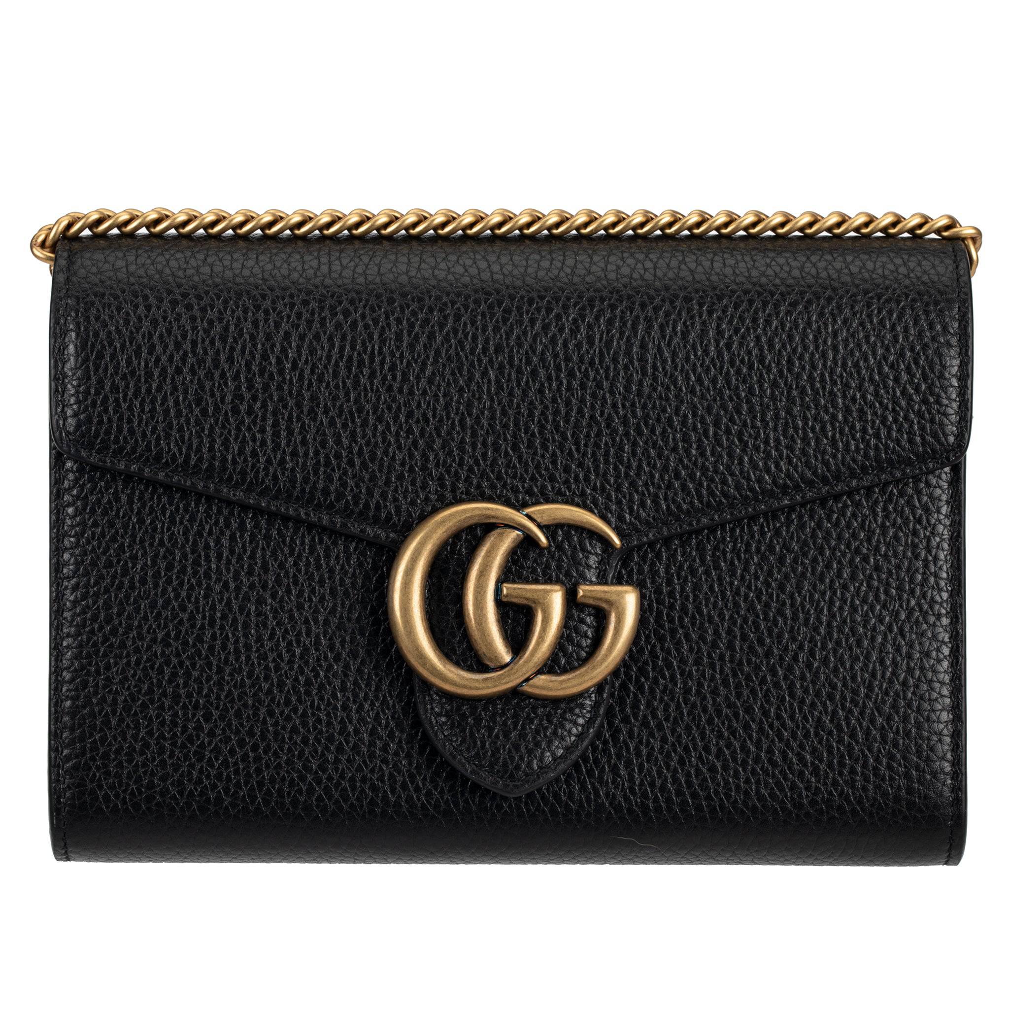 GUCCI MARMONT WALLET ON CHAIN BLACK PEBBLED LEATHER AGED GOLD HARDWARE - On Repeat