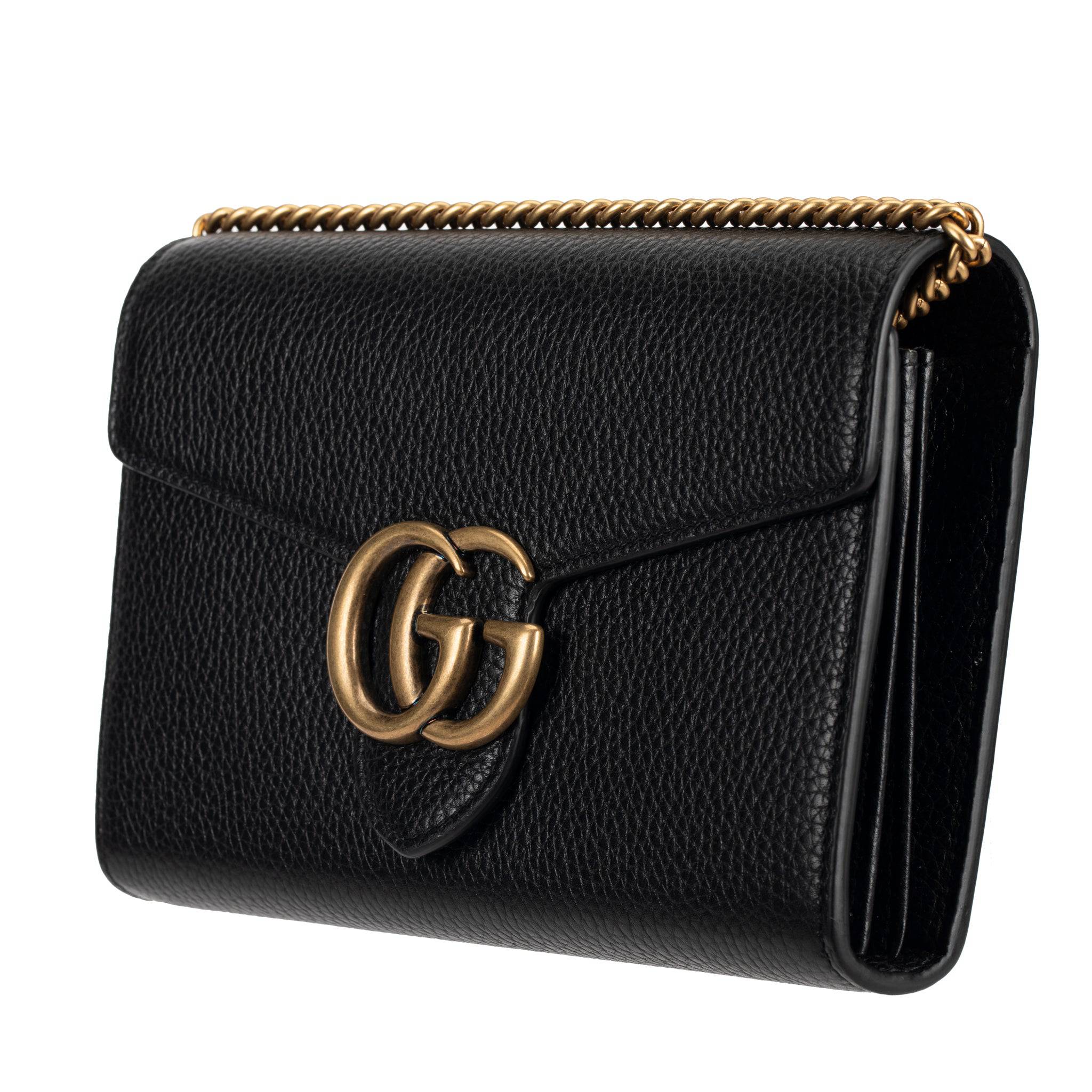 GUCCI MARMONT WALLET ON CHAIN BLACK PEBBLED LEATHER AGED GOLD HARDWARE - On Repeat